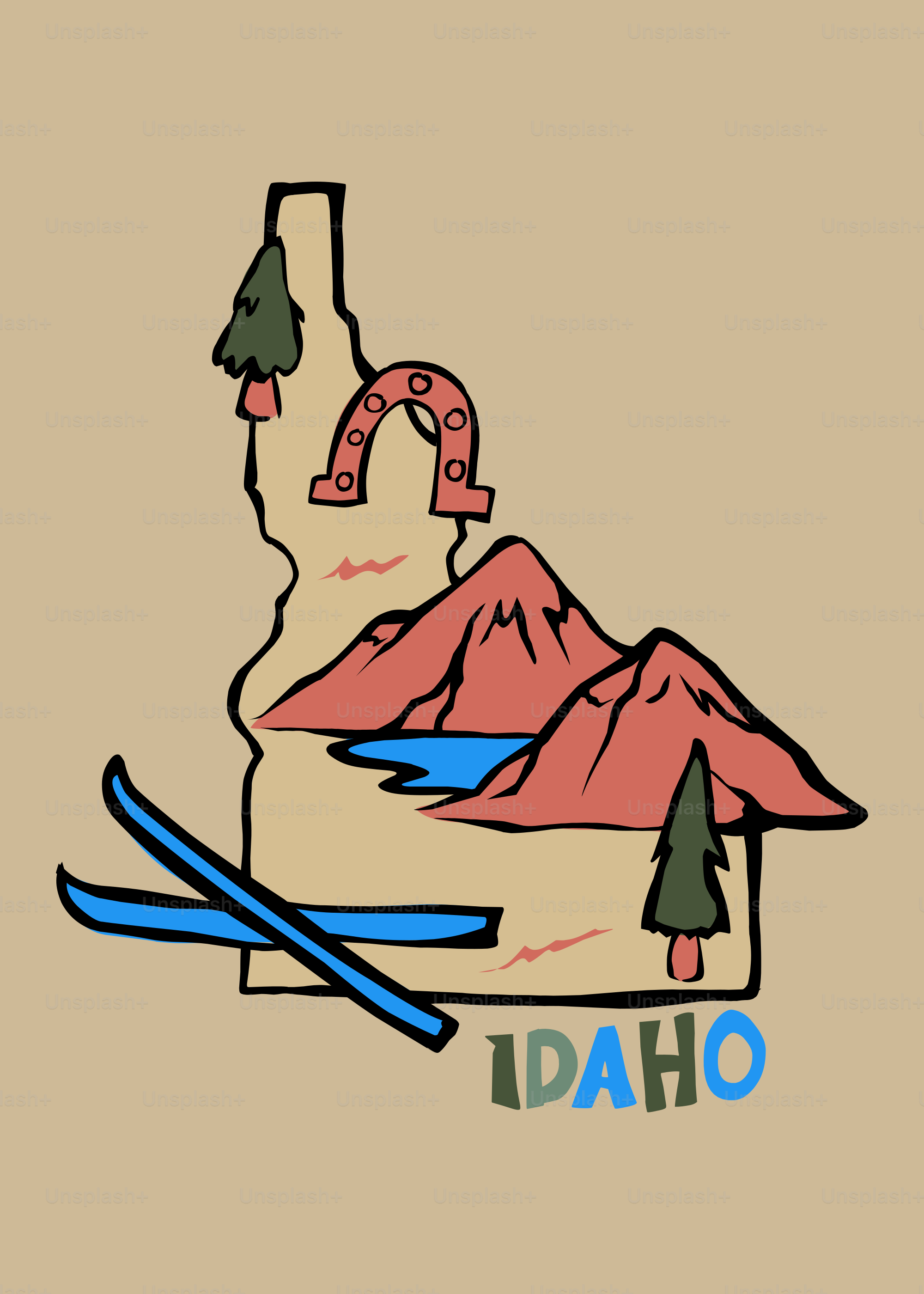 Idaho-Staatsumriss mit Bergen, See, Skiern und Hufeisen.