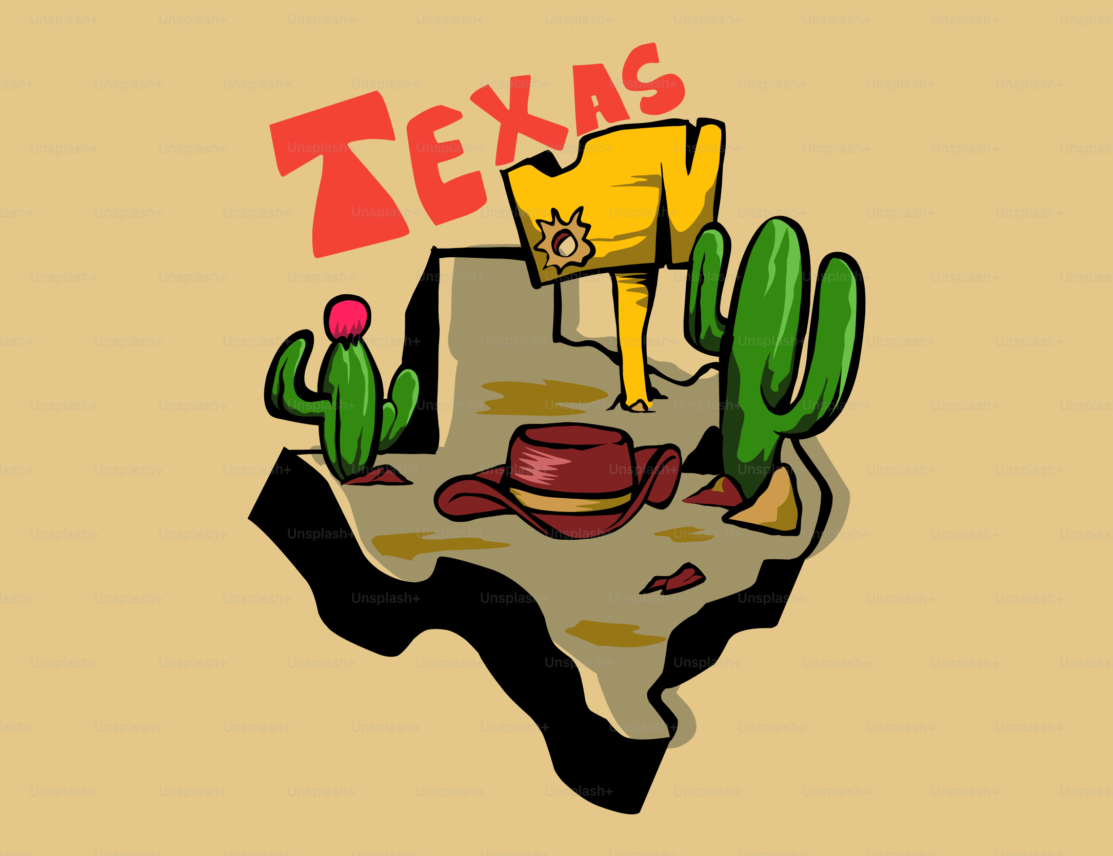 Texas map with cowboy hat and cacti