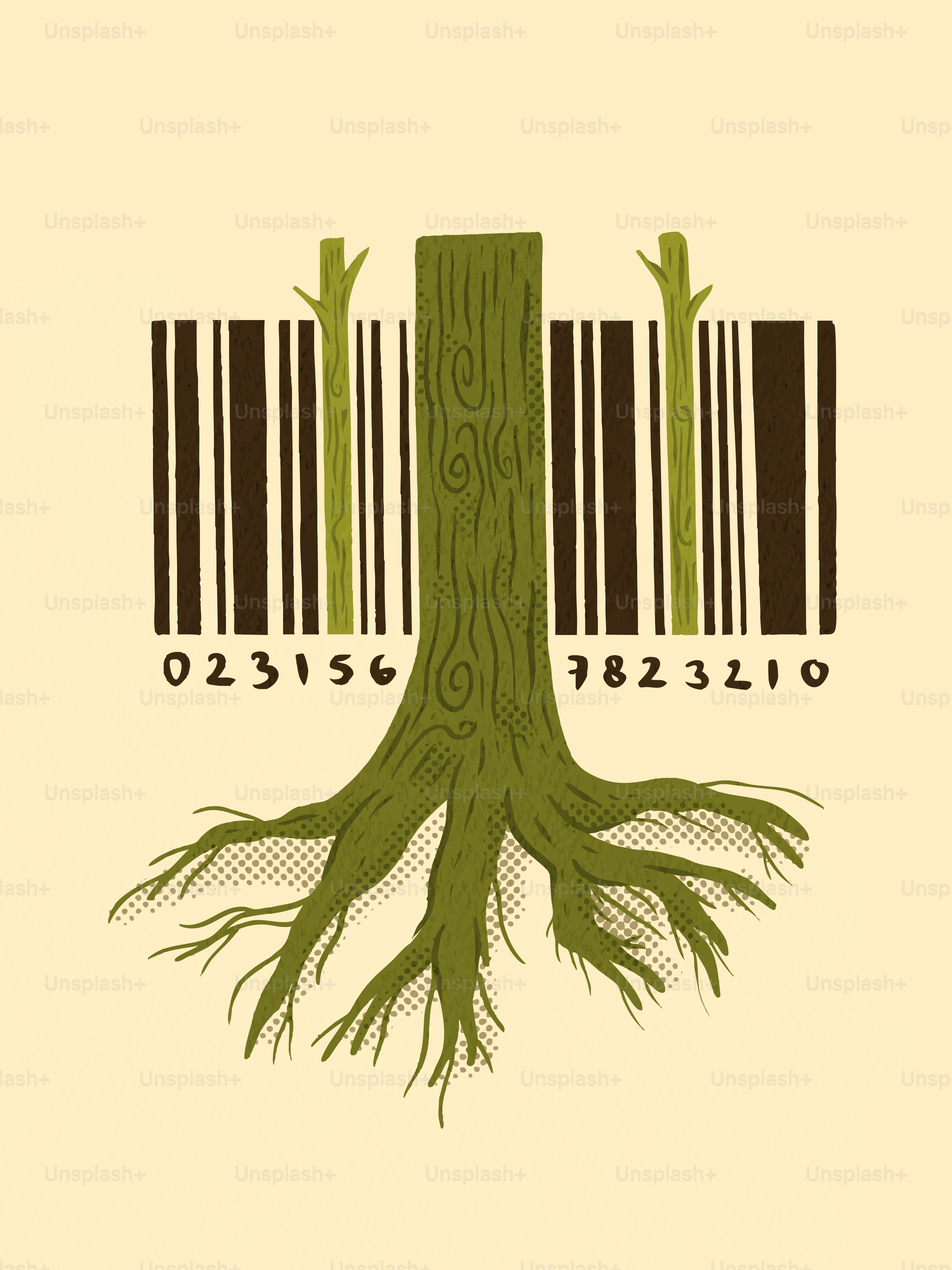 Tronco y raíces del árbol integrados con un código de barras