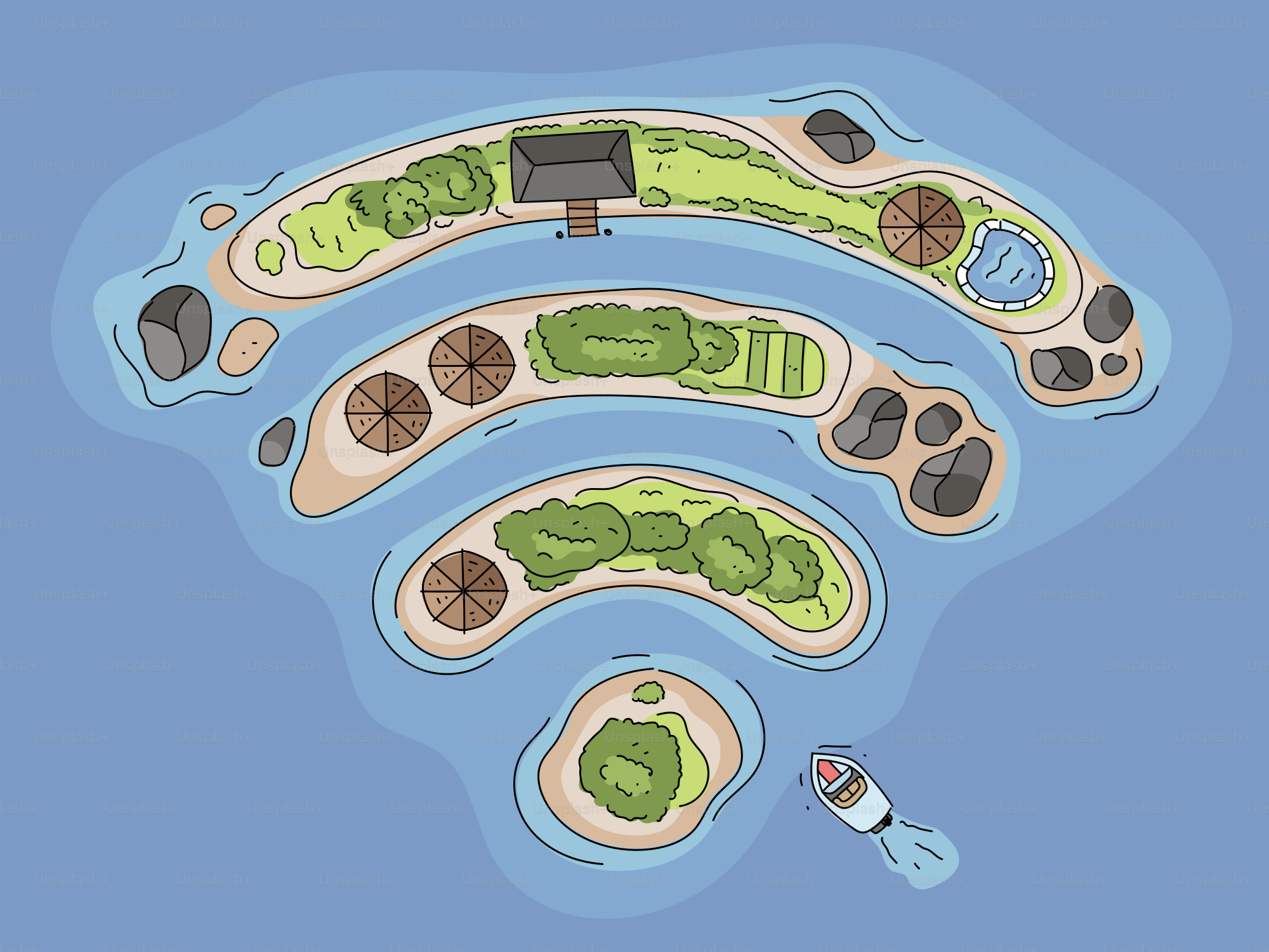 Des îles en forme de symbole wi-fi dans l’océan.