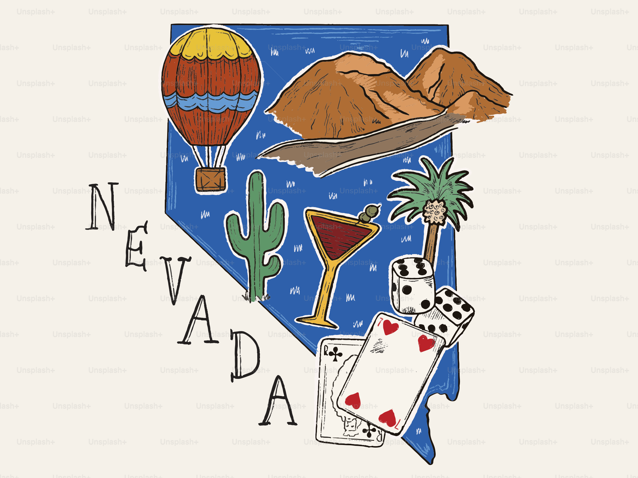 Nevada state outline with iconic symbols and landmarks
