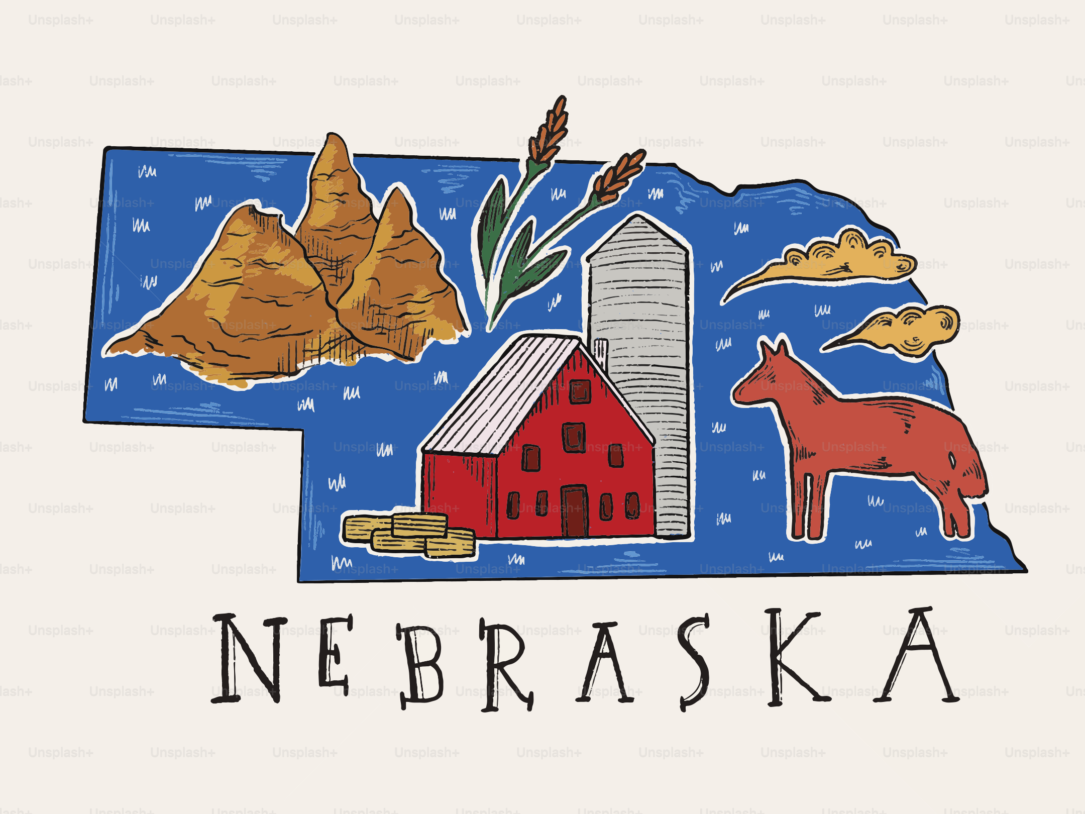 Umriss des Bundesstaates Nebraska mit Bauernhof- und Pferdeillustration