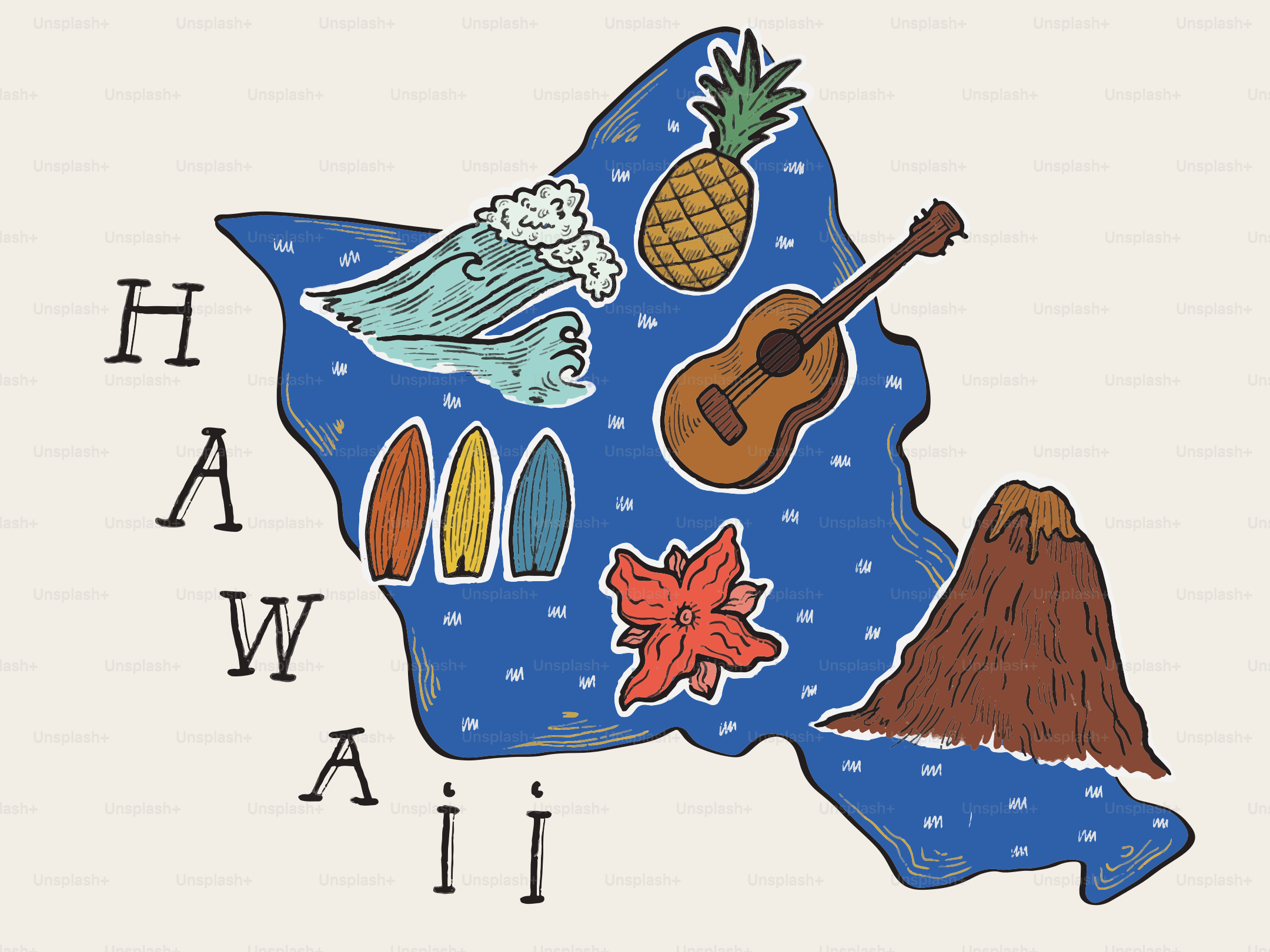 Mappa delle Hawaii con simboli iconici delle isole