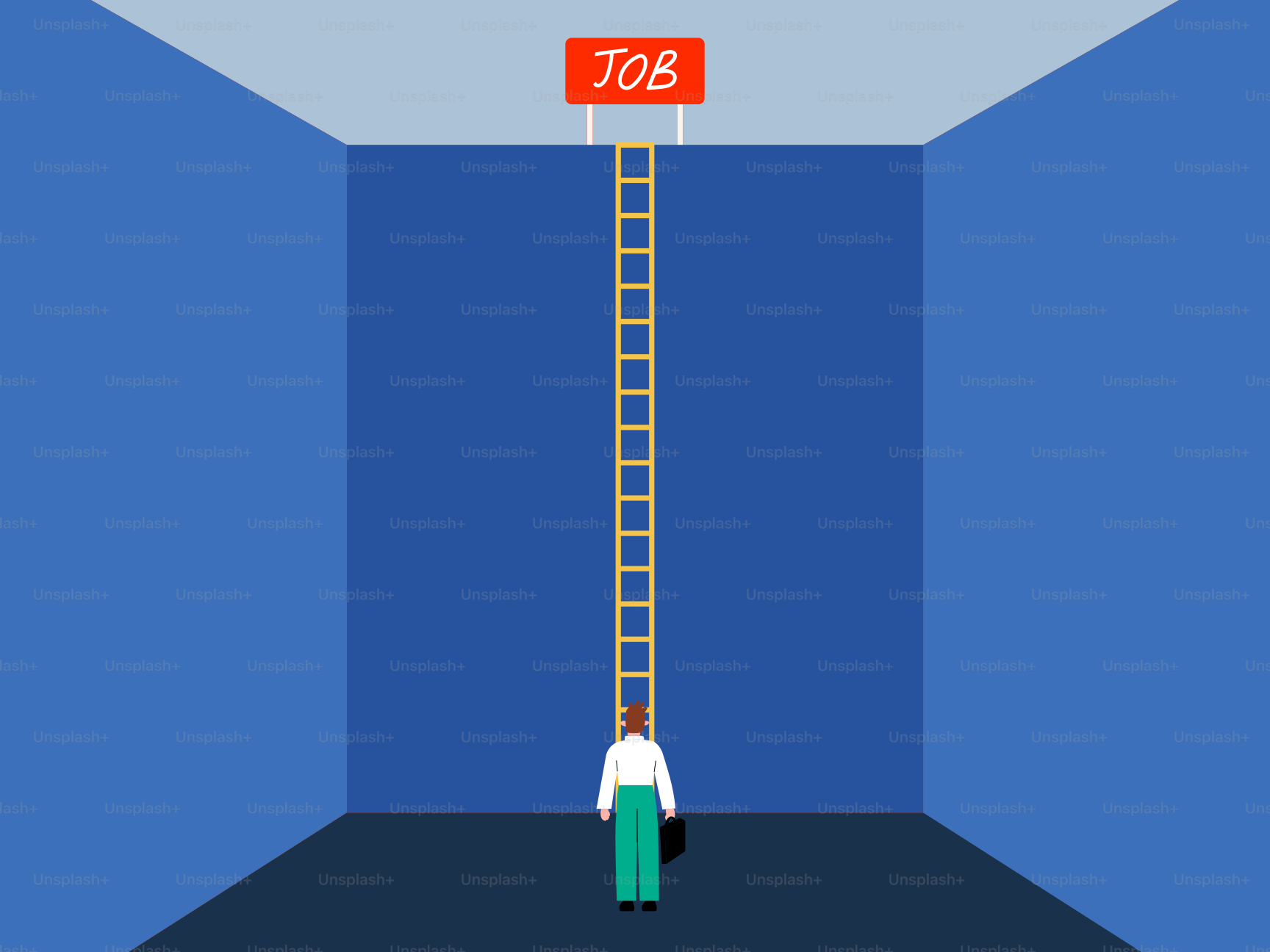 Persona che sale la scala verso il cartello del lavoro