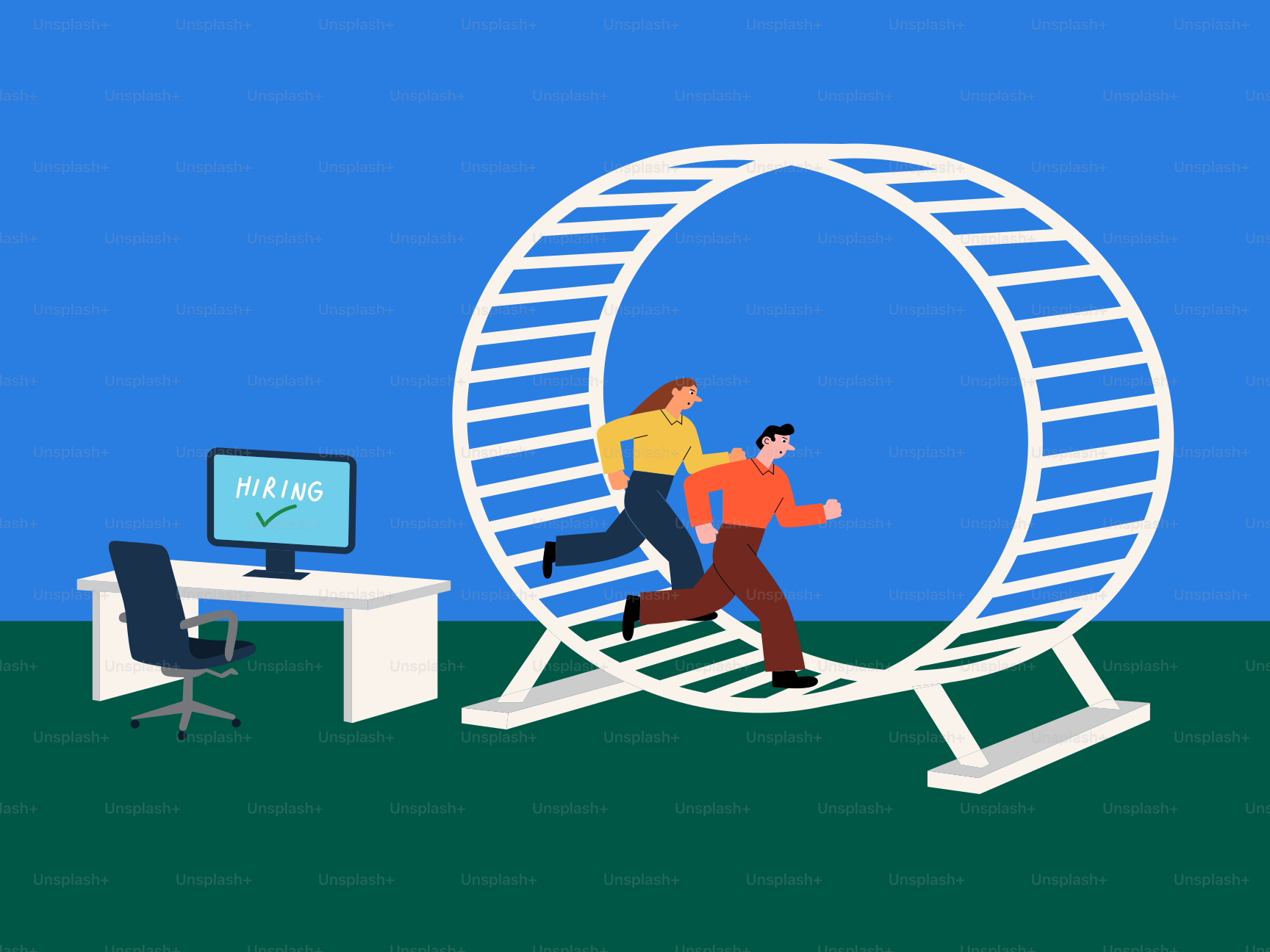 Persone che corrono su una ruota di criceto in un ufficio.