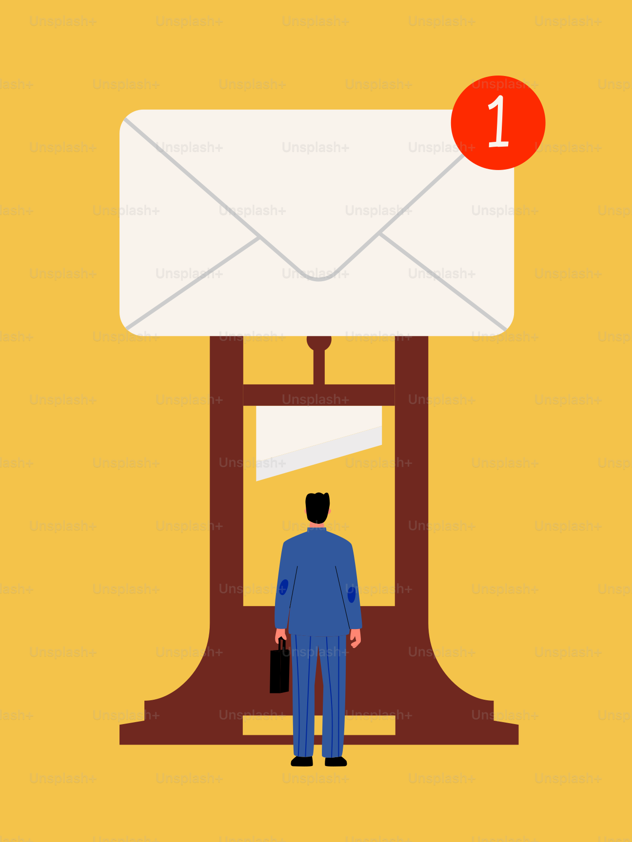 Uomo affronta la ghigliottina con una grande notifica via email.