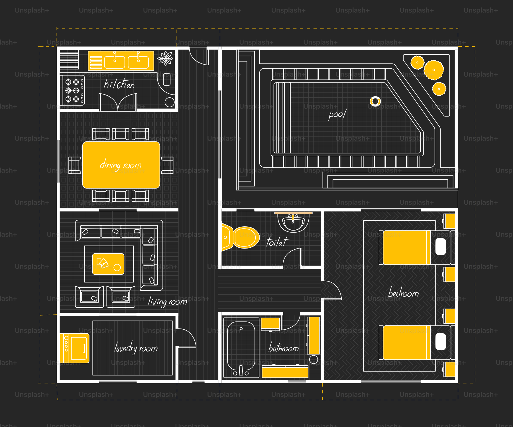 Ein Grundriss eines modernen Hauses mit Pool.