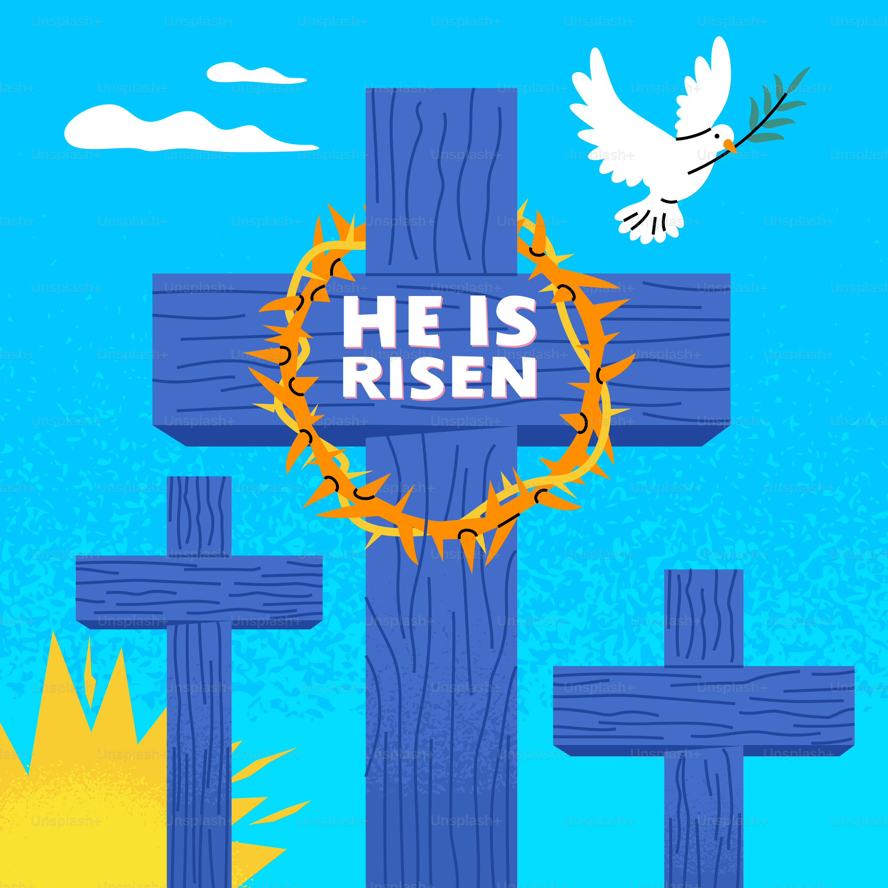 Three crosses with crown of thorns and dove