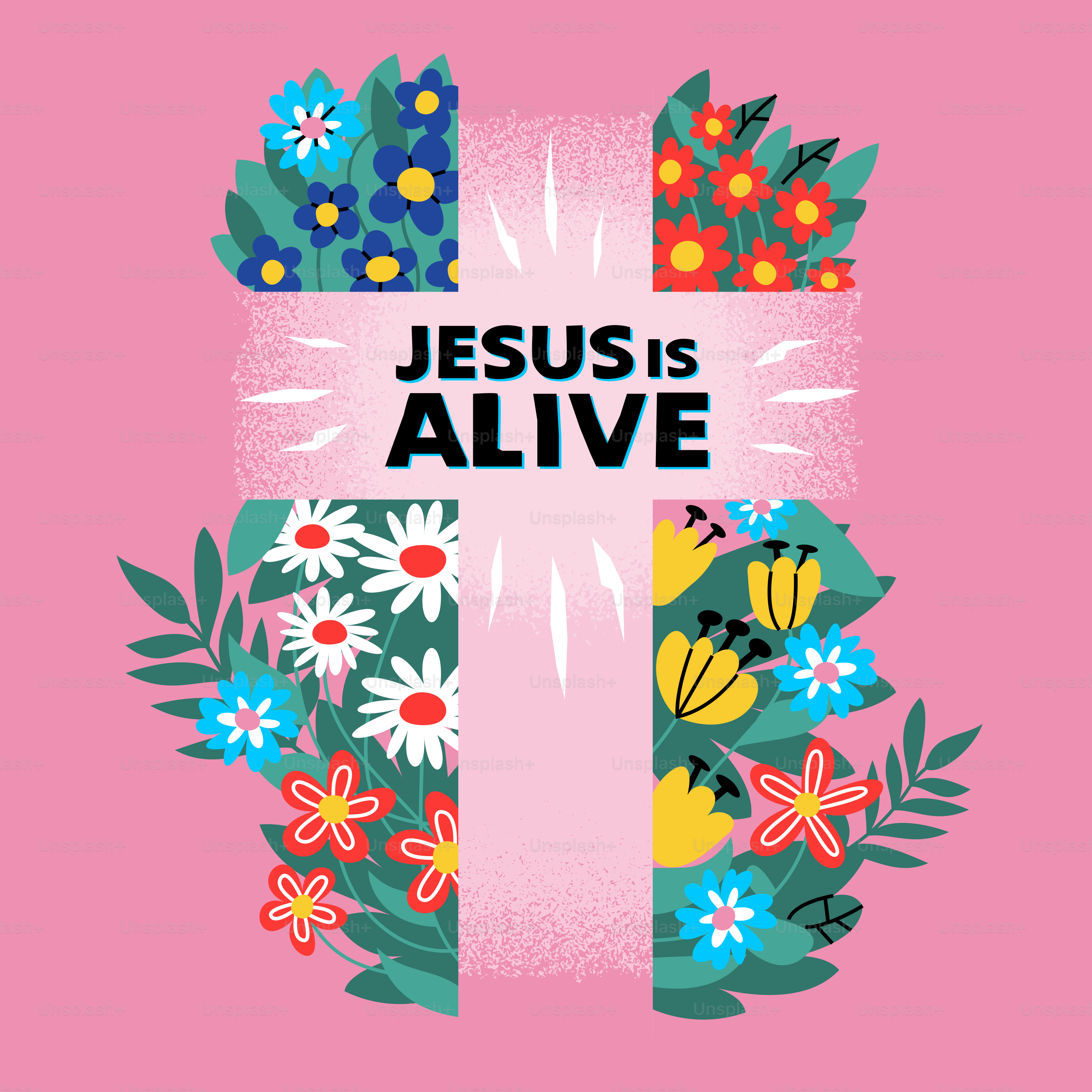 Cruz com flores e texto "Jesus está vivo"