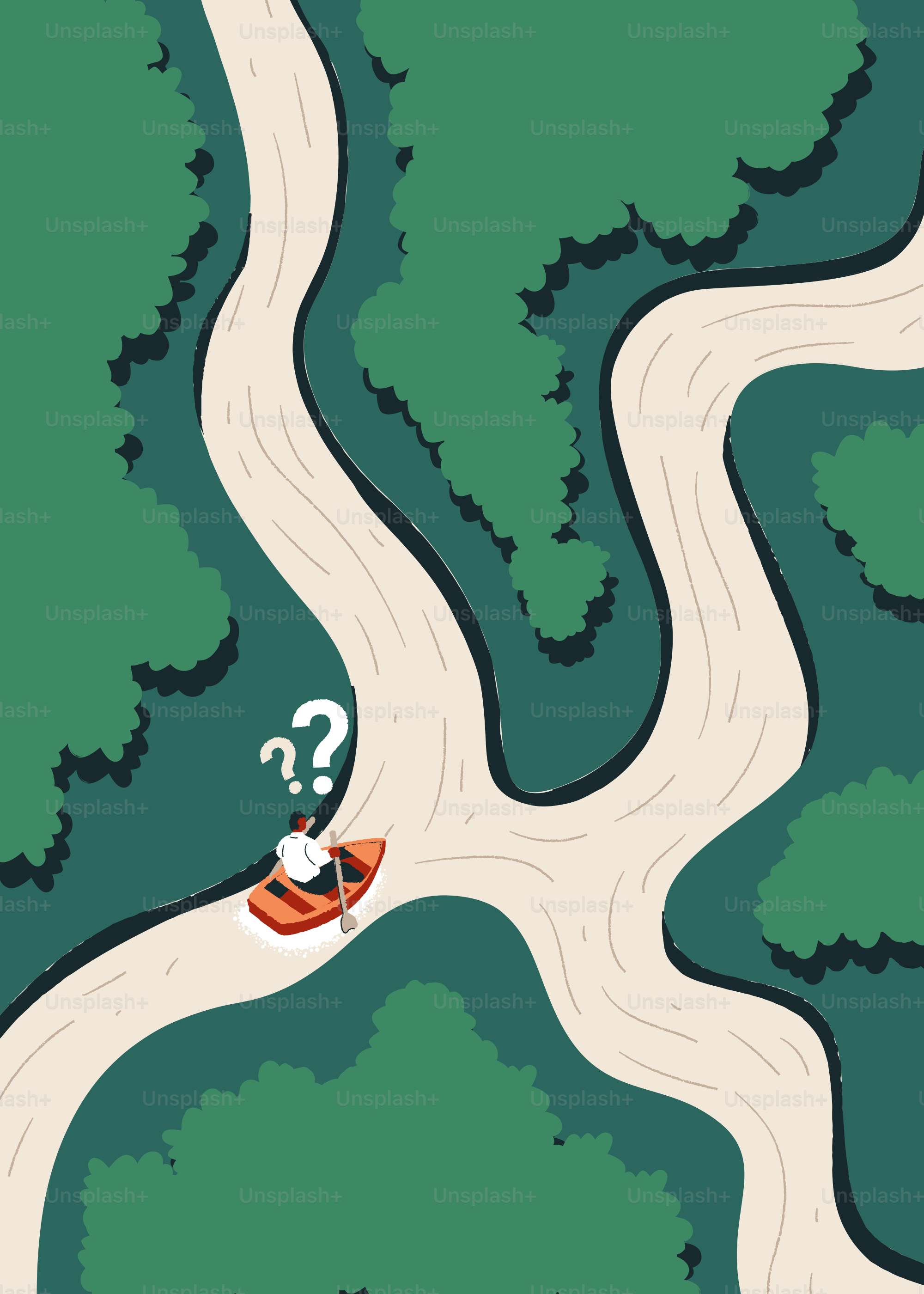 Person in boat at river fork with question marks.