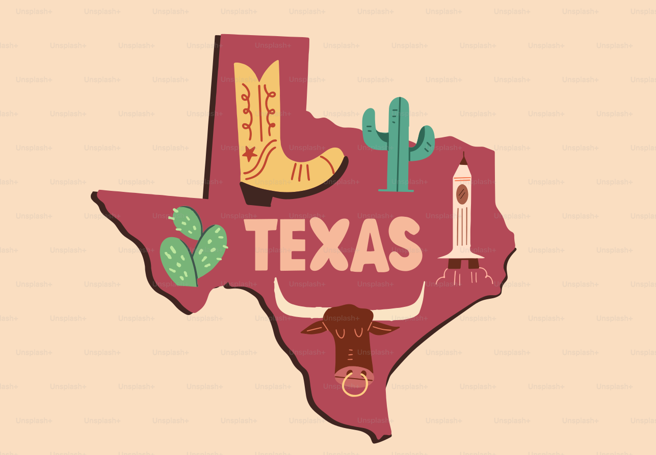 Texas outline with cowboy boot, cactus, rocket, and bull.