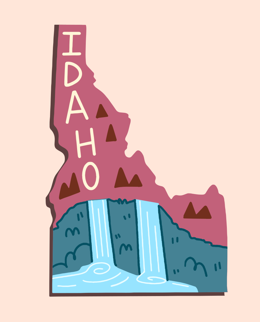 Umriss des Bundesstaates Idaho mit Wasserfall und Bergen