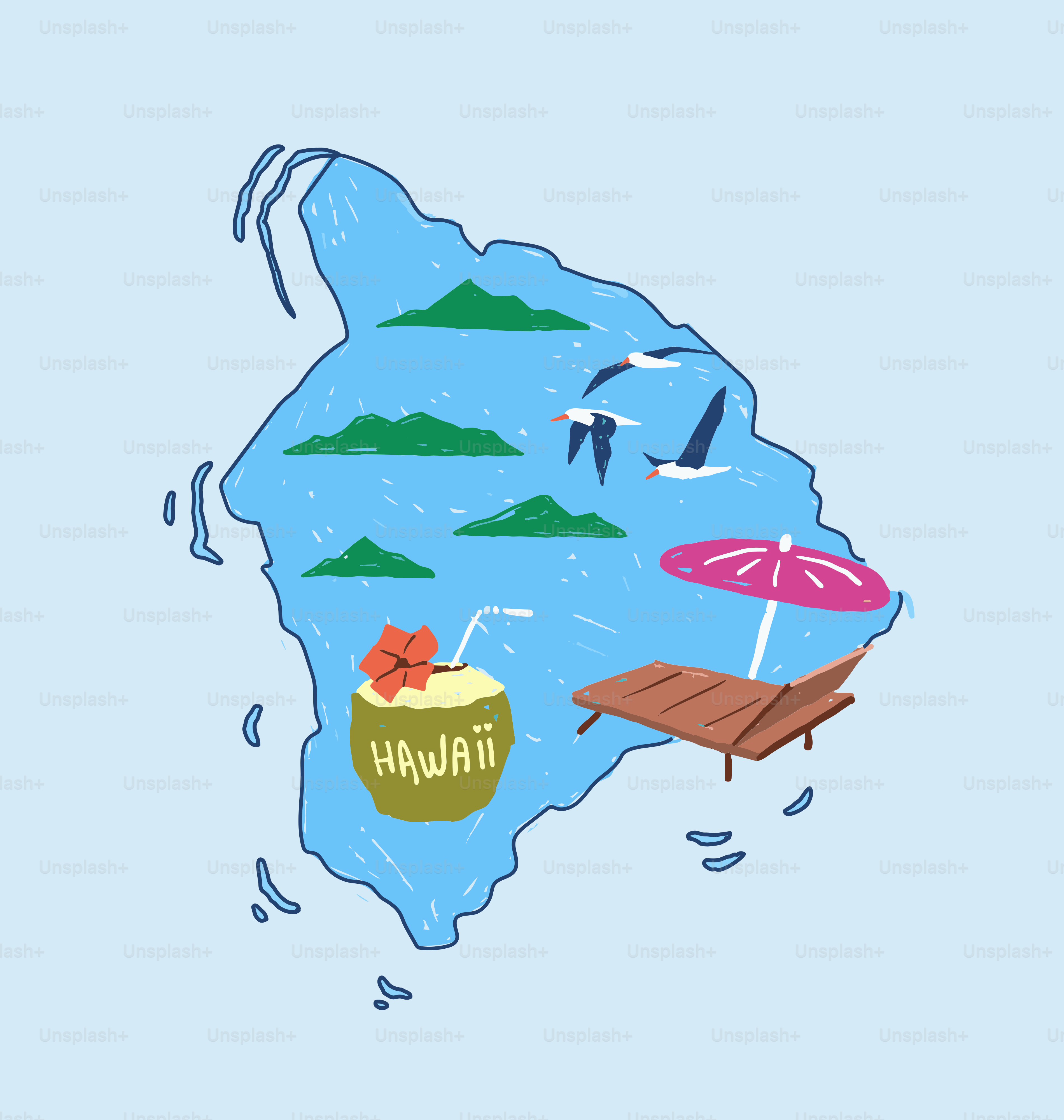 Hawaii map with tropical drink and beach chair.