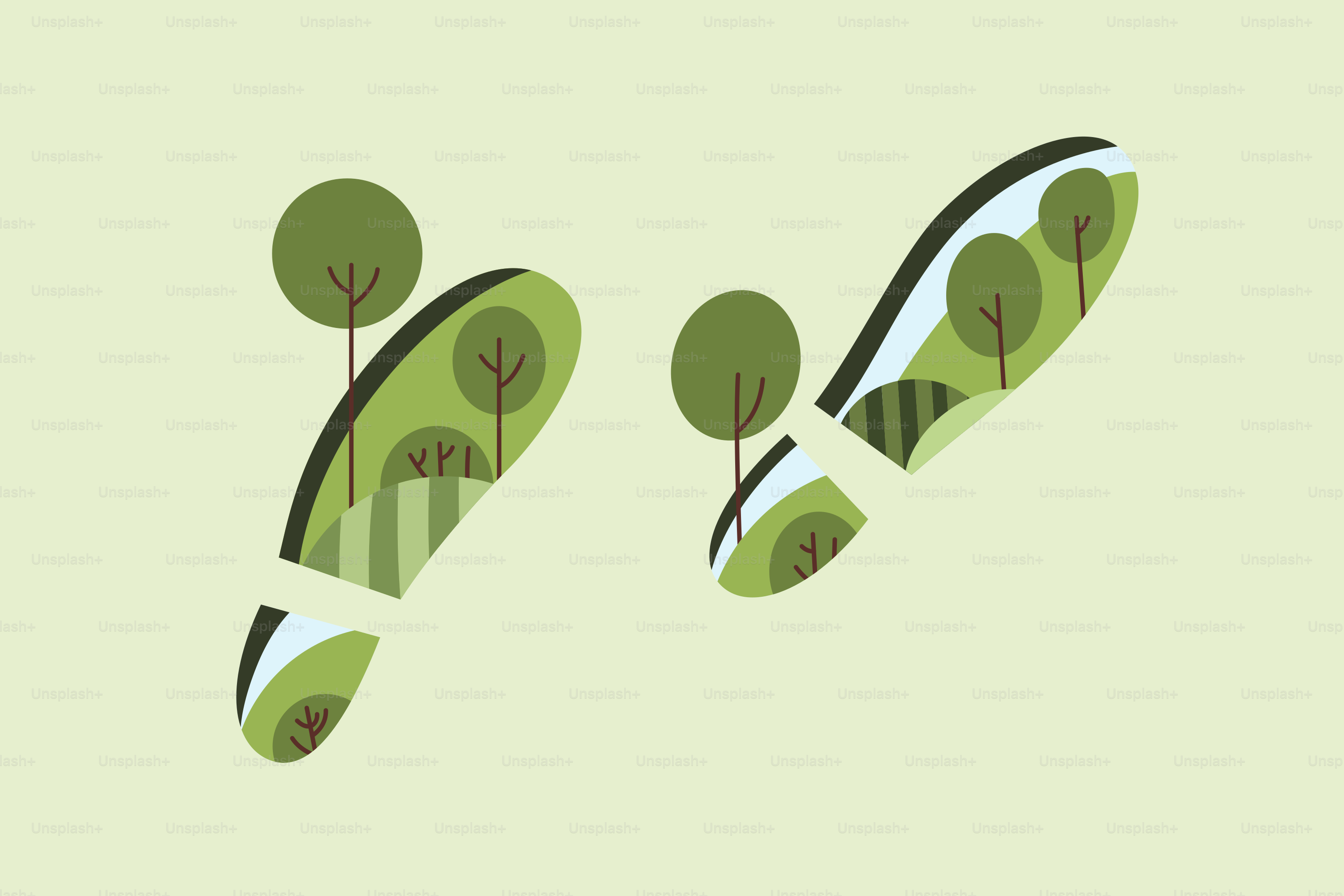 Footprints filled with green trees and rolling hills