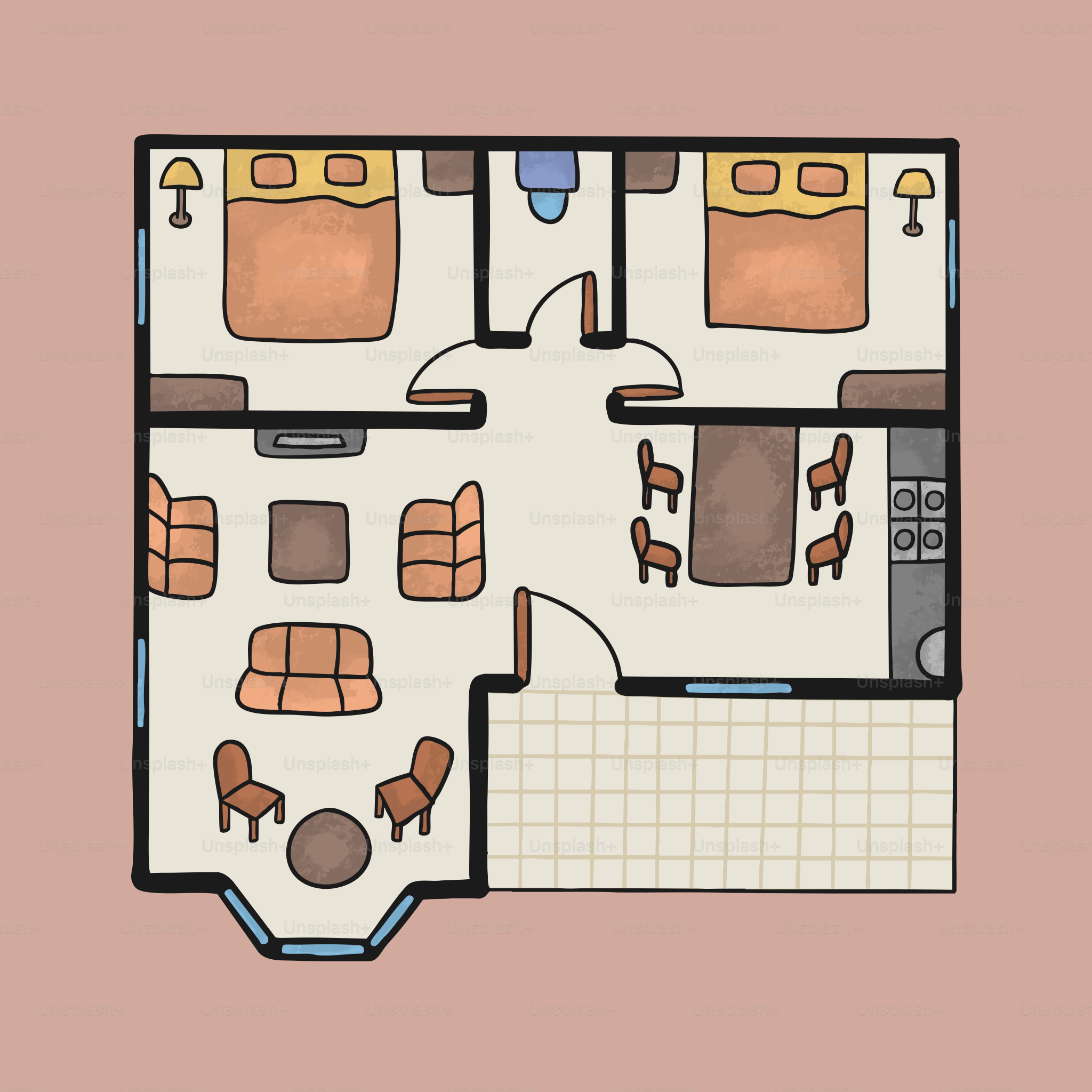 Grundriss einer Zweizimmerwohnung mit Wohnbereich.