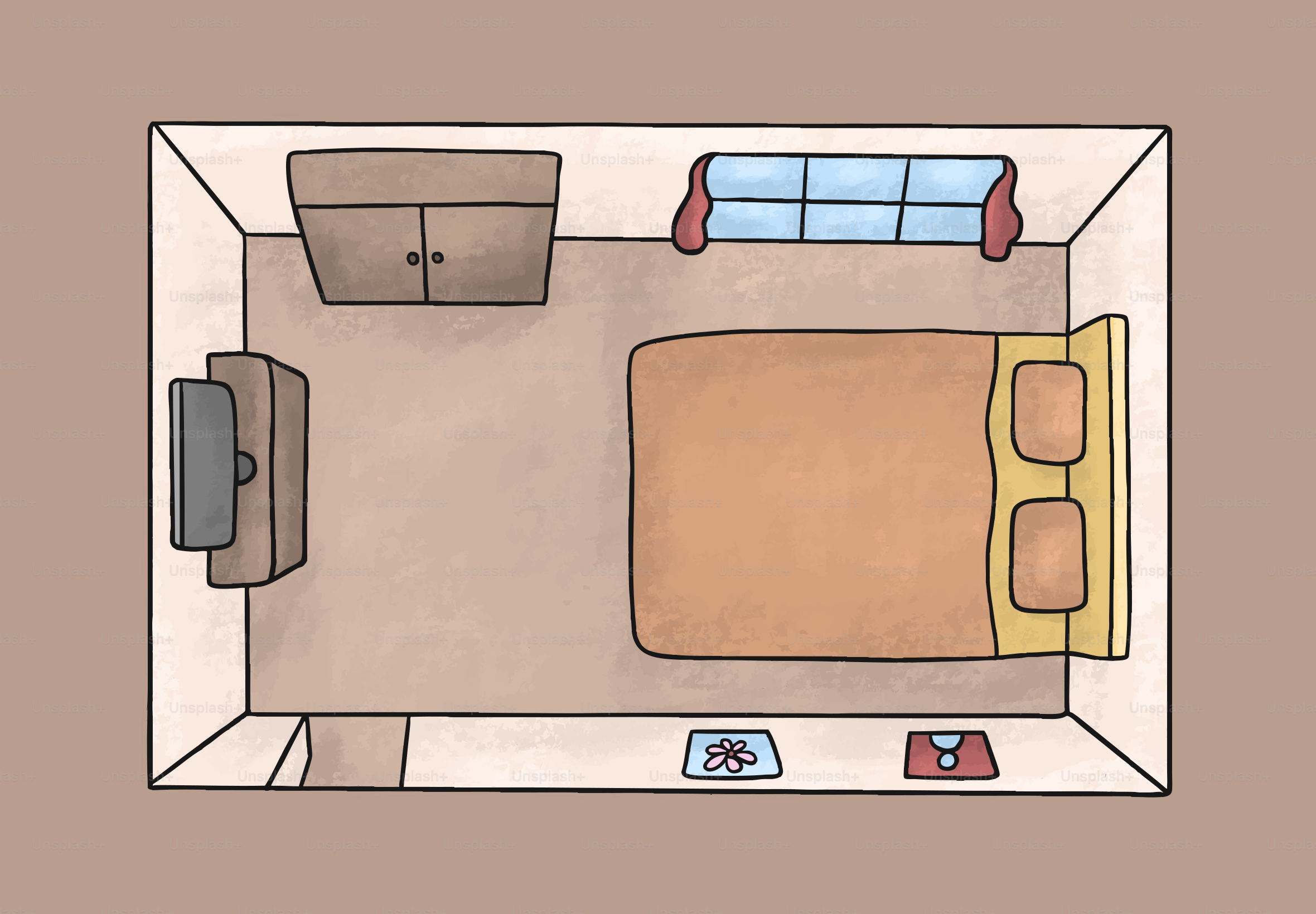 Draufsicht auf ein schlichtes Schlafzimmer-Interieur.