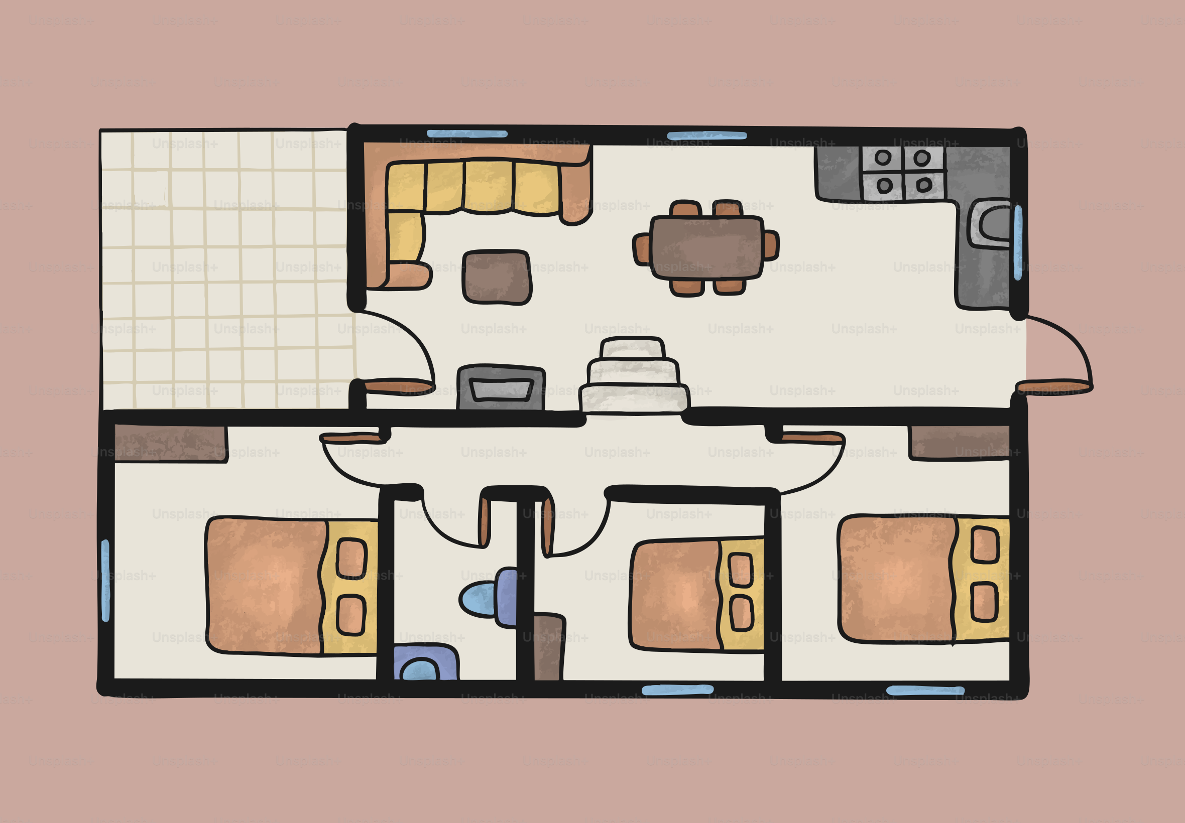 Plano de una casa de tres dormitorios con zona de estar.