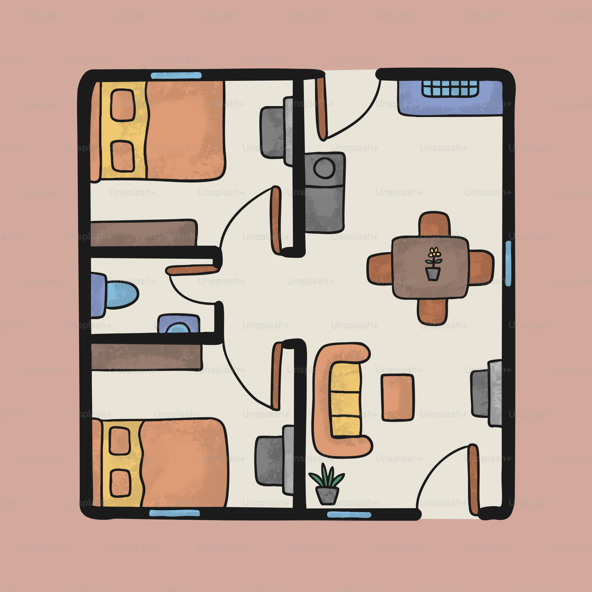 Grundriss einer Zweizimmerwohnung mit Wohnbereich.