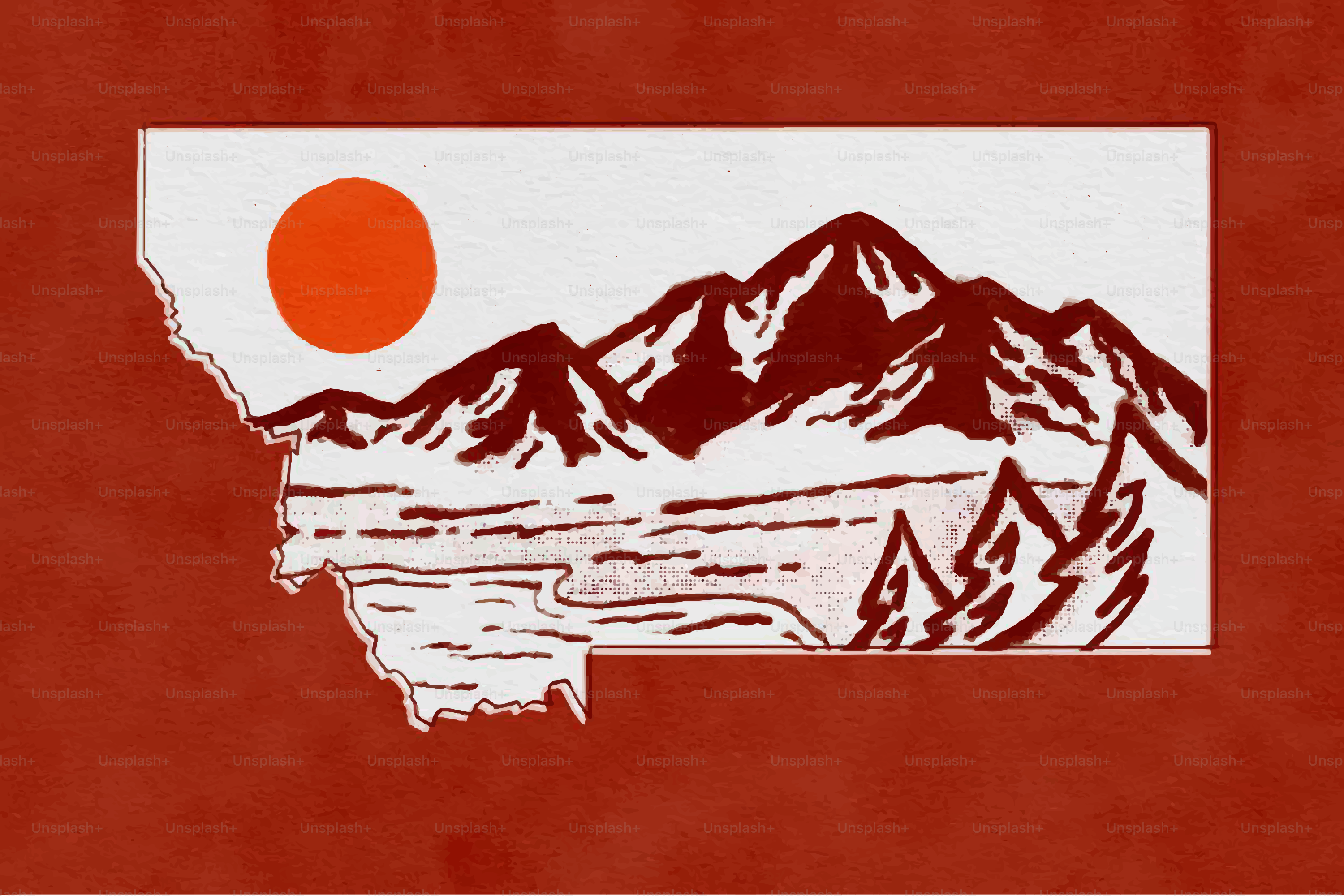 Montana state outline with mountain landscape and sun graphic