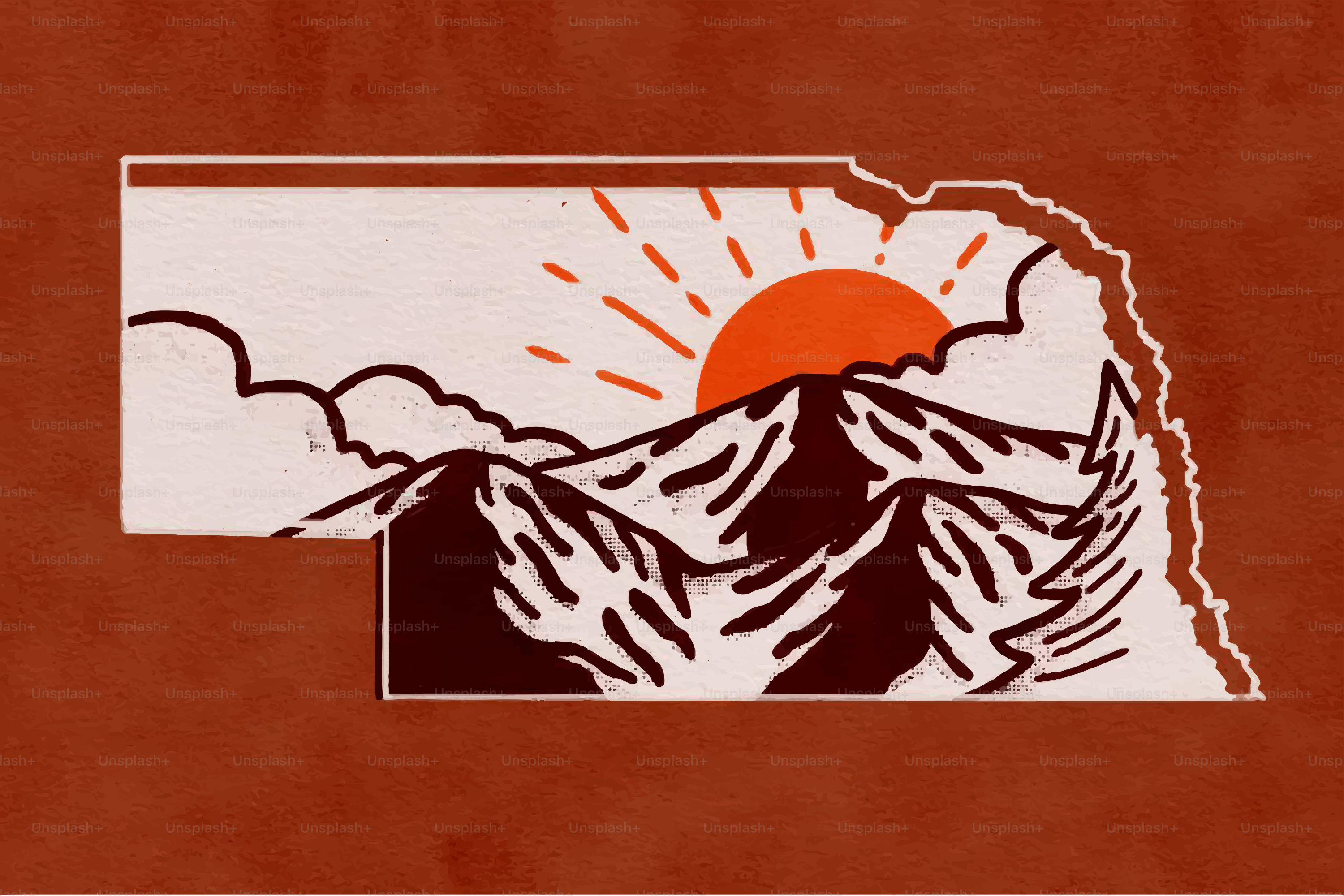 Stylized mountain landscape within nebraska outline at sunrise
