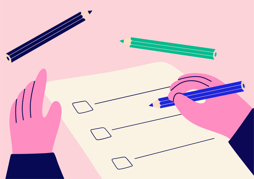 Hands filling out a checklist with pencils.