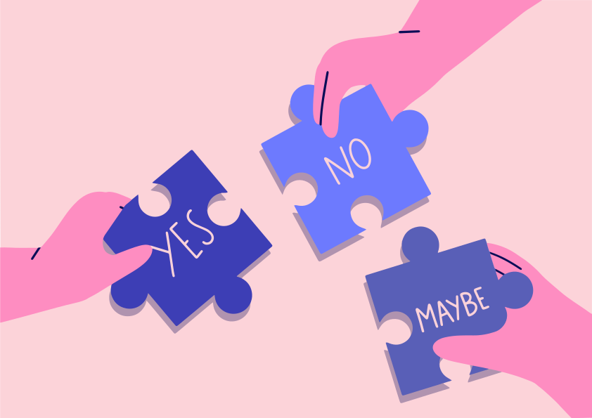 Hands assembling puzzle pieces with yes, no, and maybe.