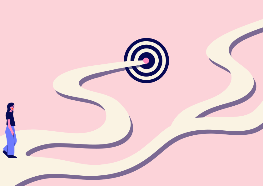 Woman stands at a crossroads aiming for a target.