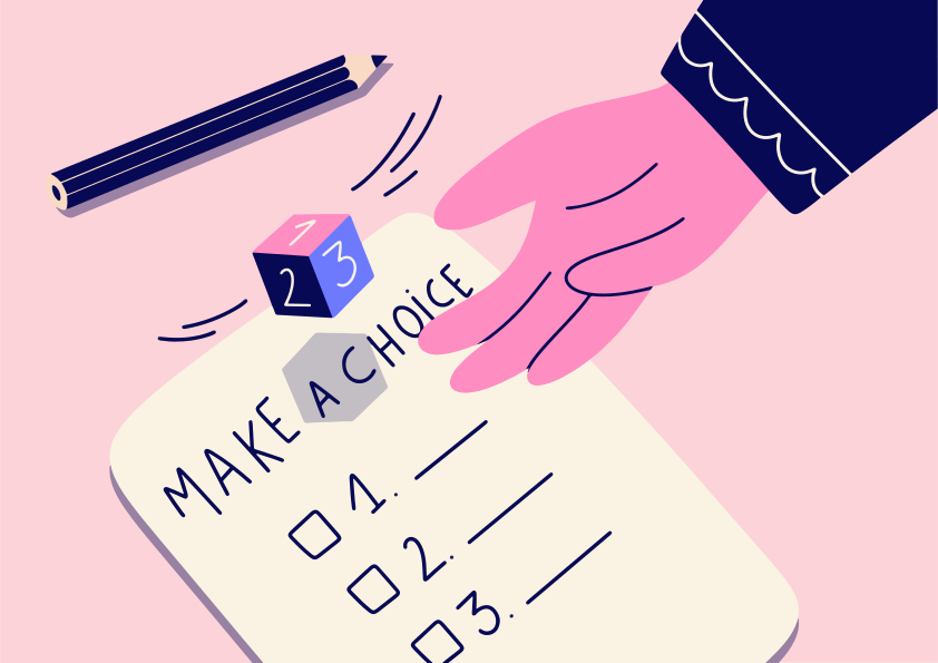 Hand rolling a numbered die over a list