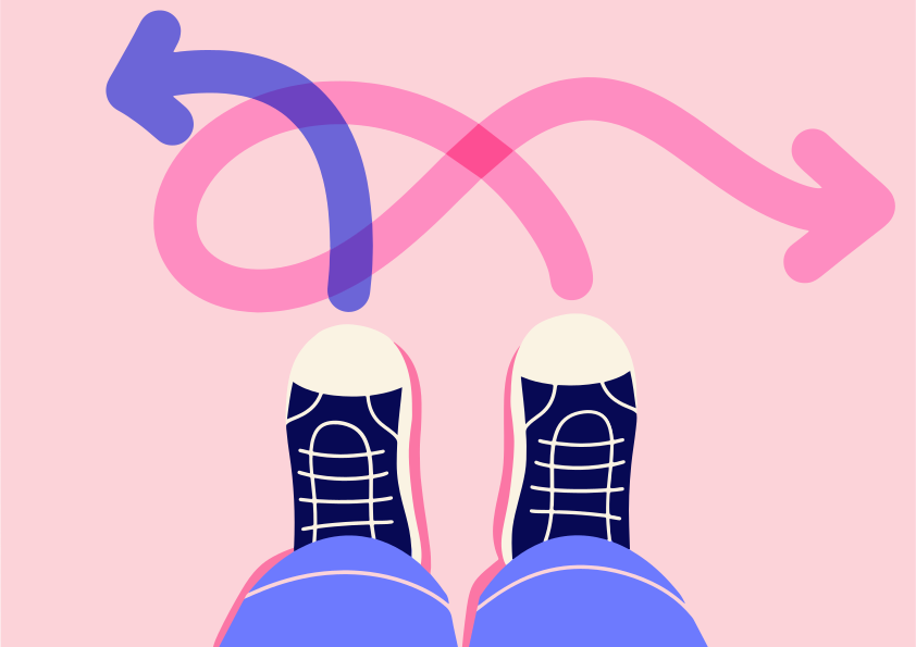 Two arrows showing different directions above feet