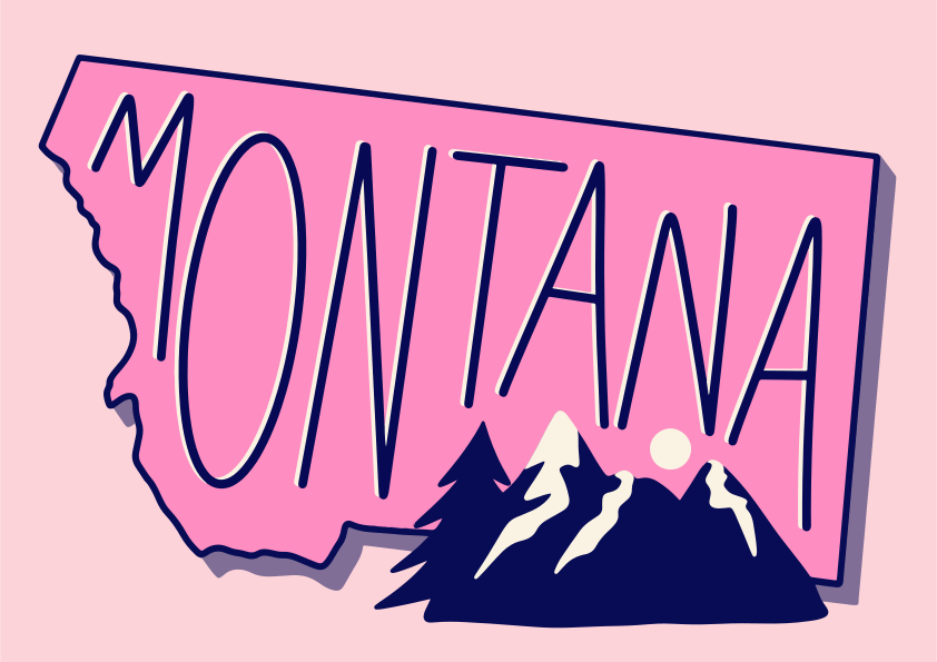 Pink outline of montana with mountains and trees