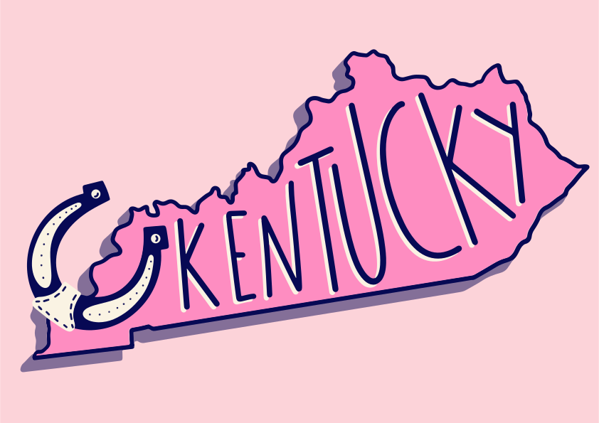 Pink kentucky map with horseshoe and text