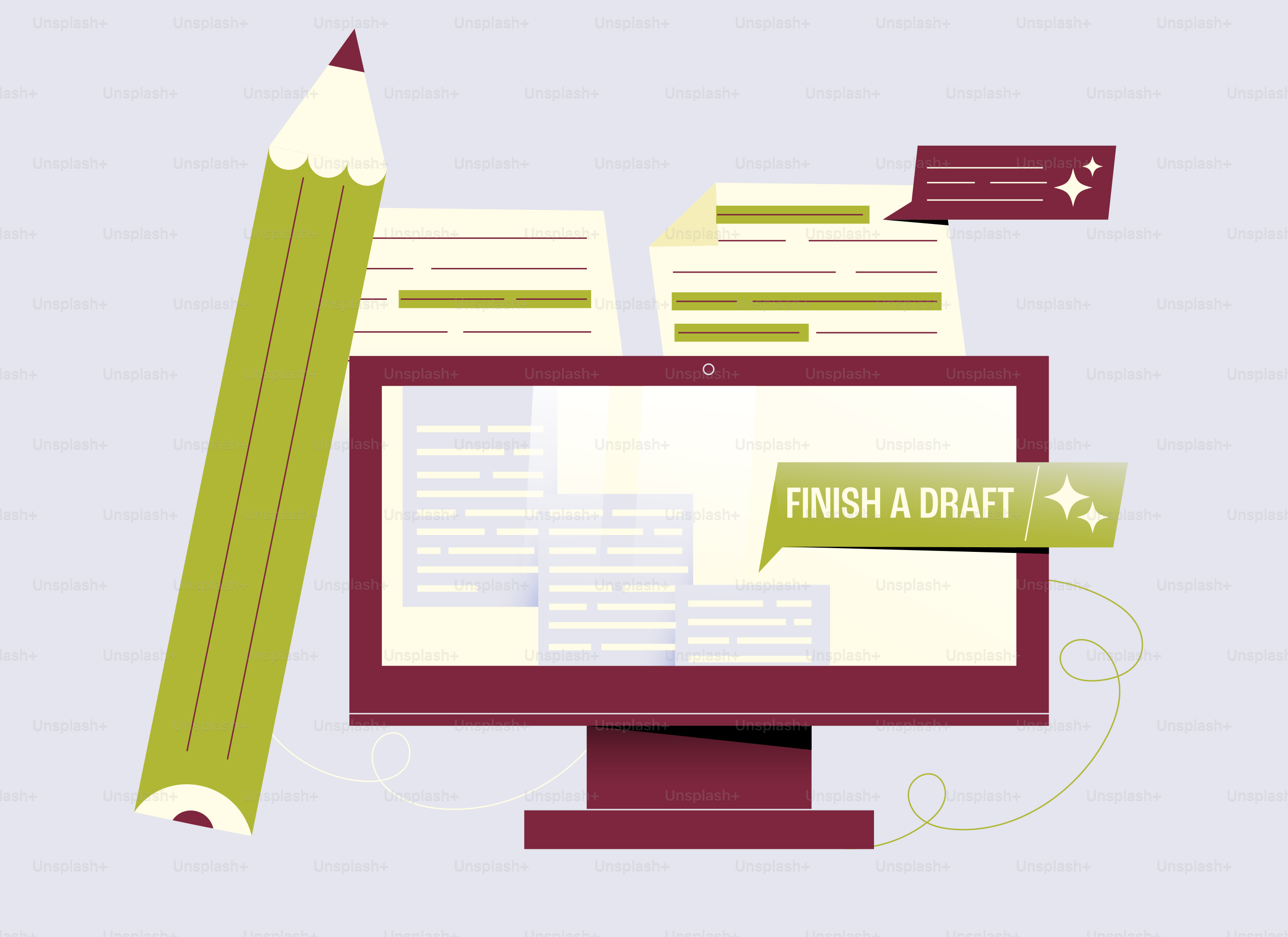 Computer screen with documents and giant pencil