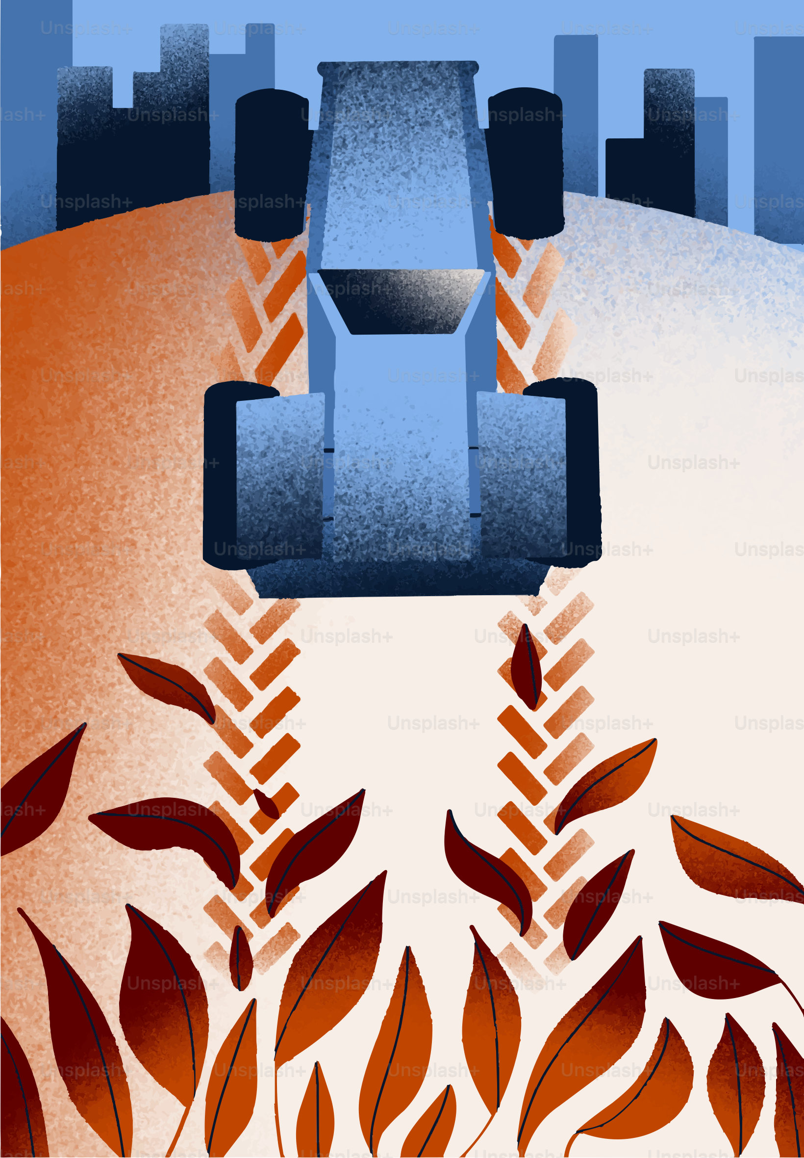 Tractor azul arando hojas de otoño