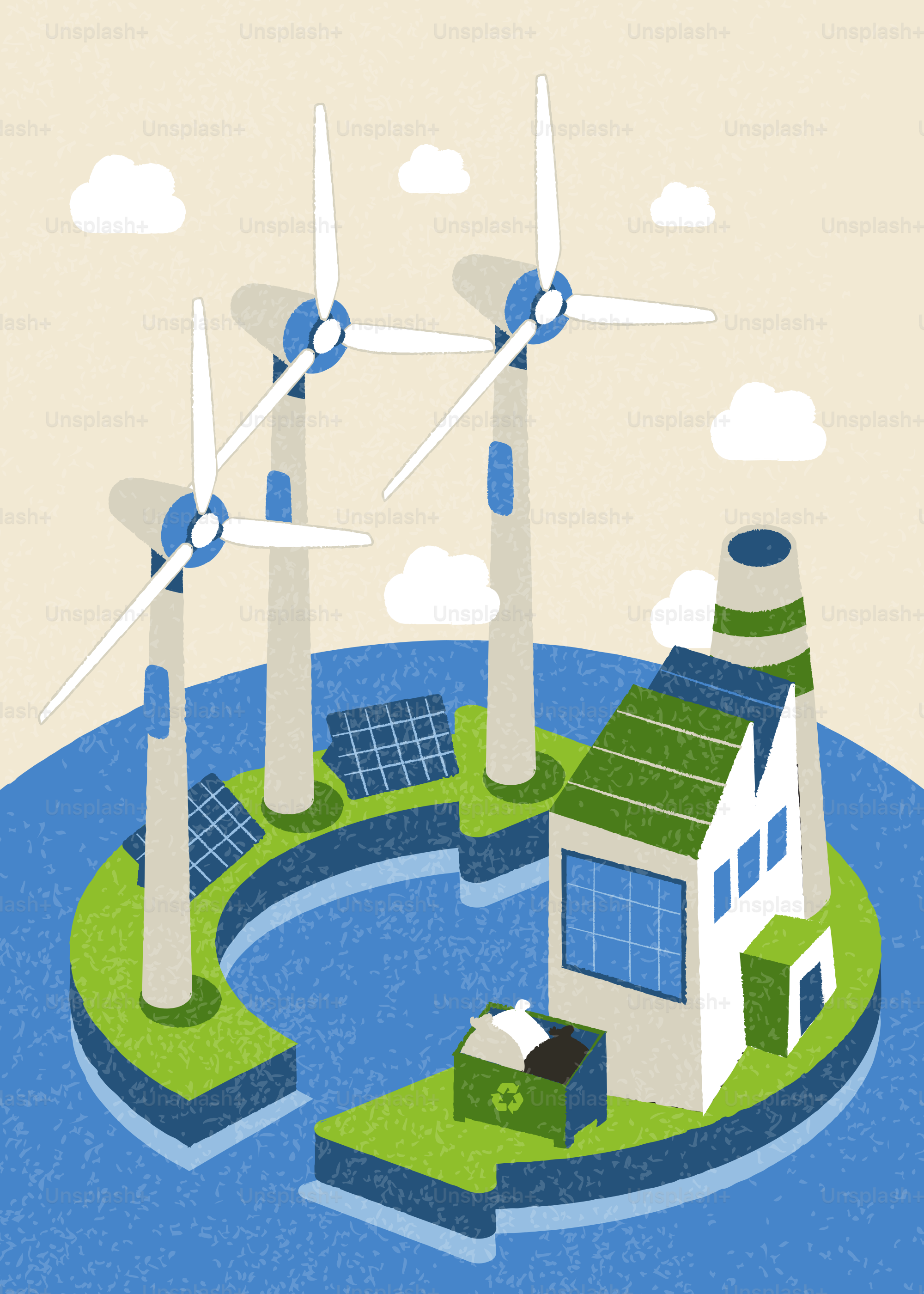 Wind turbines and solar panels with factory on water.