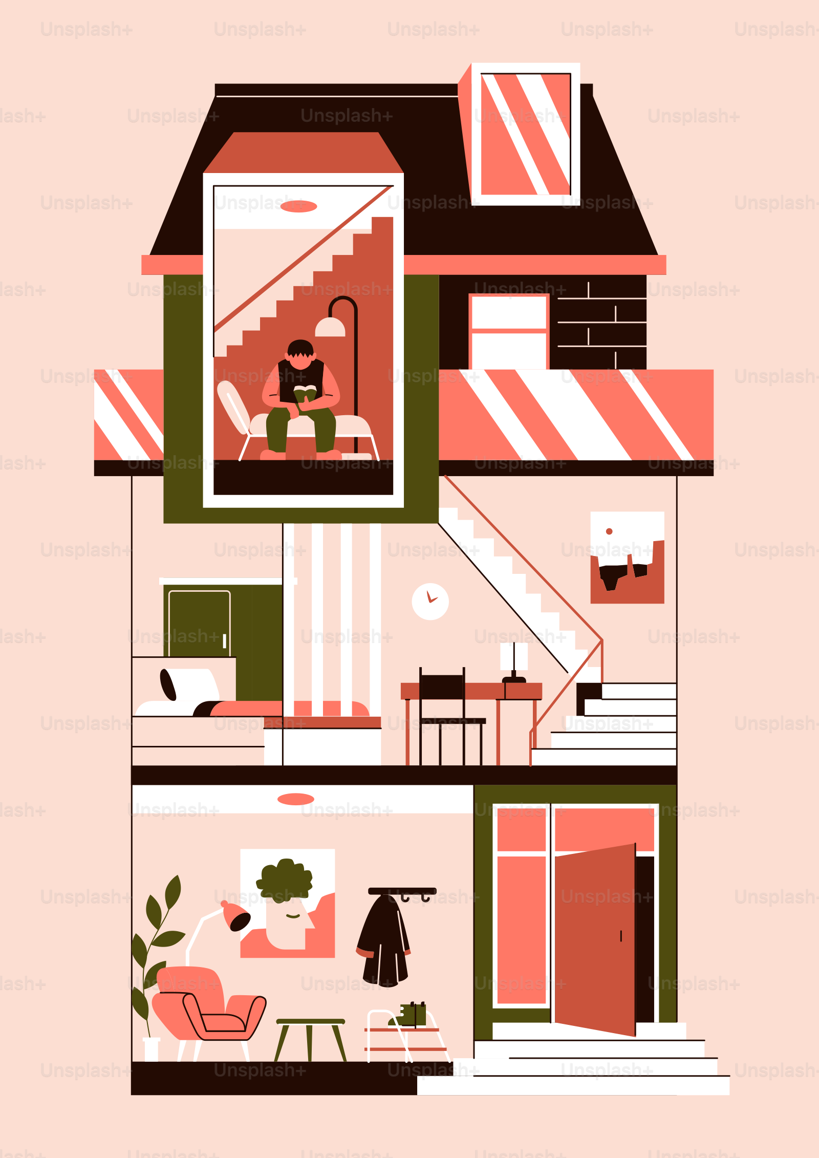 Cross-section of a house with people inside