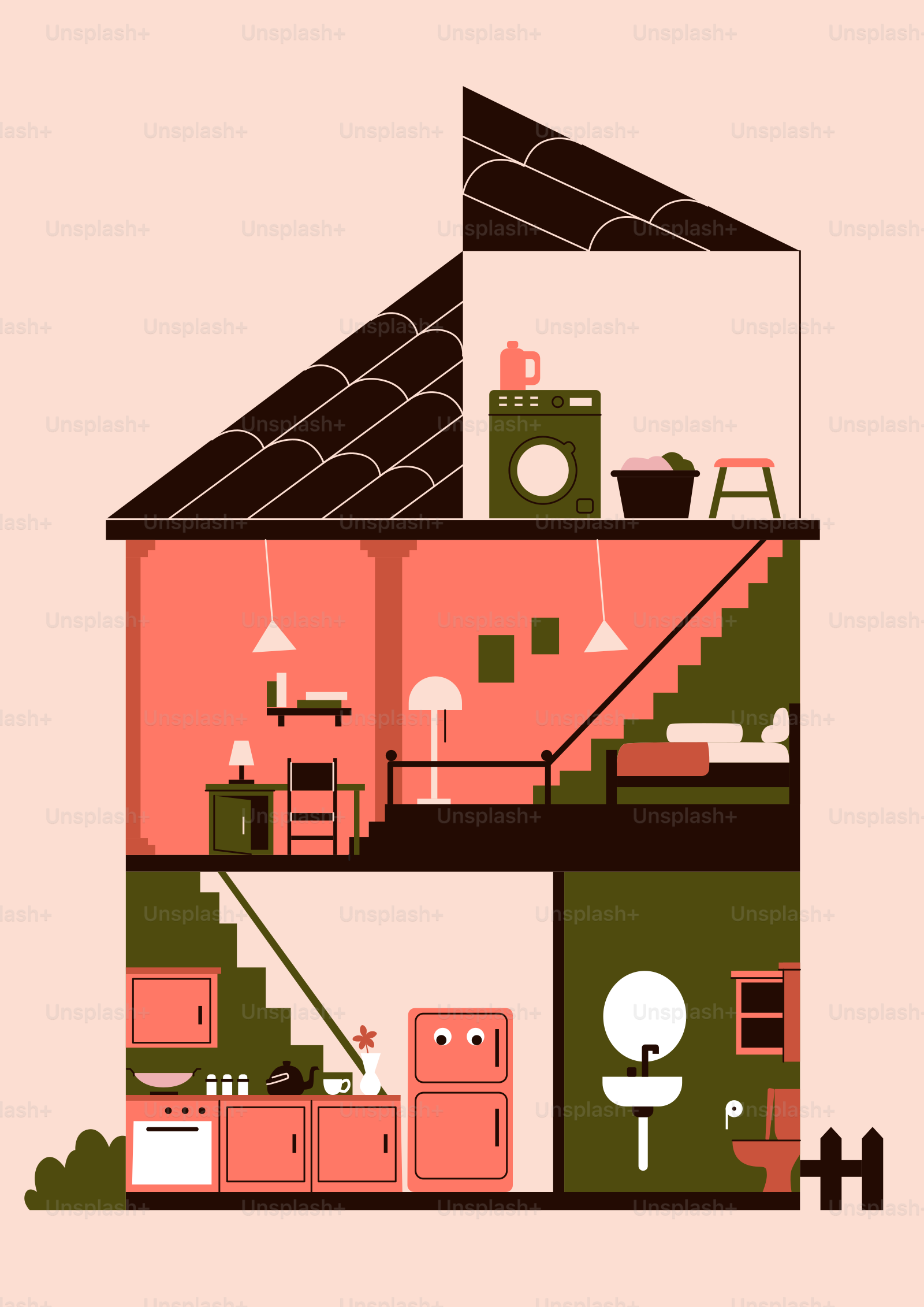 Cross-section of a house showing rooms and rooms