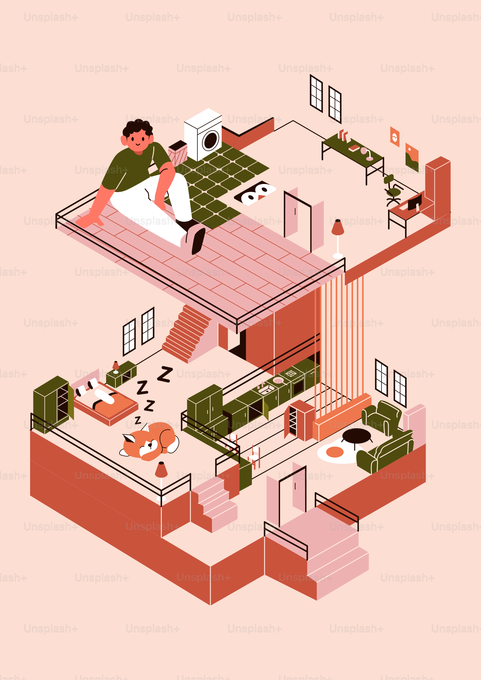 Man relaxing on balcony above sleeping dog and kitchen.