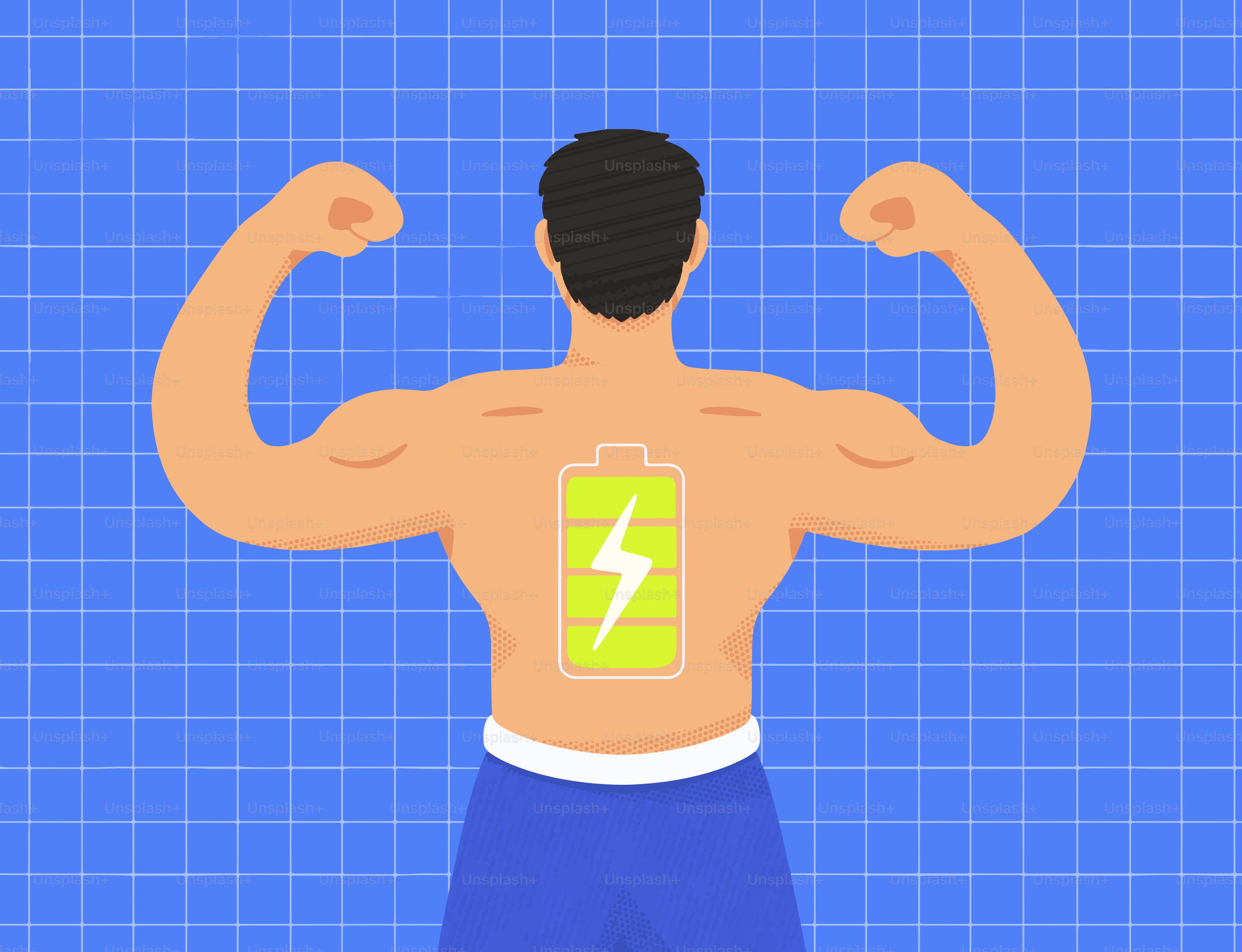 Un homme qui se contracte avec une batterie complètement chargée dans le dos.