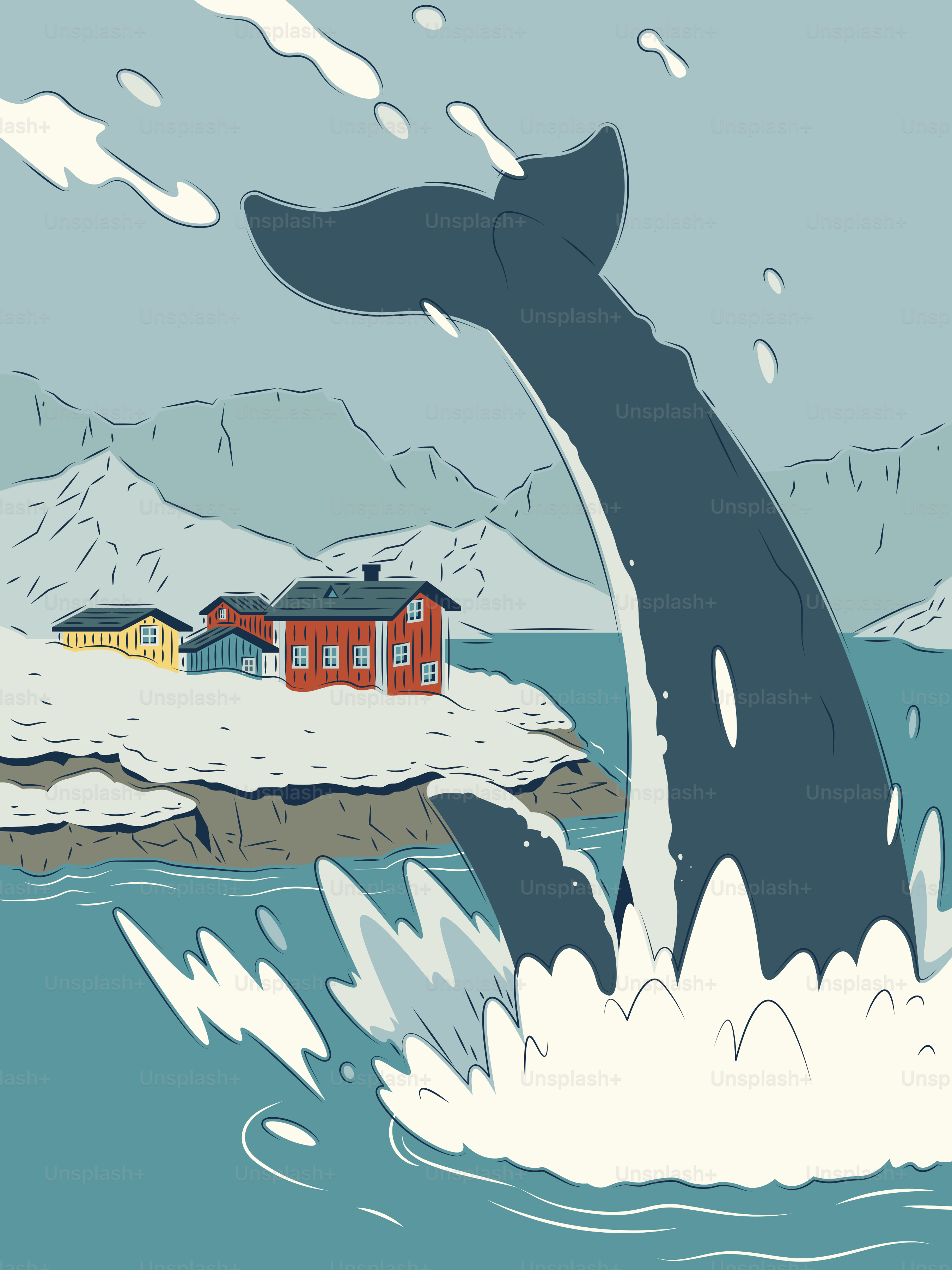 Walausbruch in der Nähe bunter Häuser an der verschneiten Küste