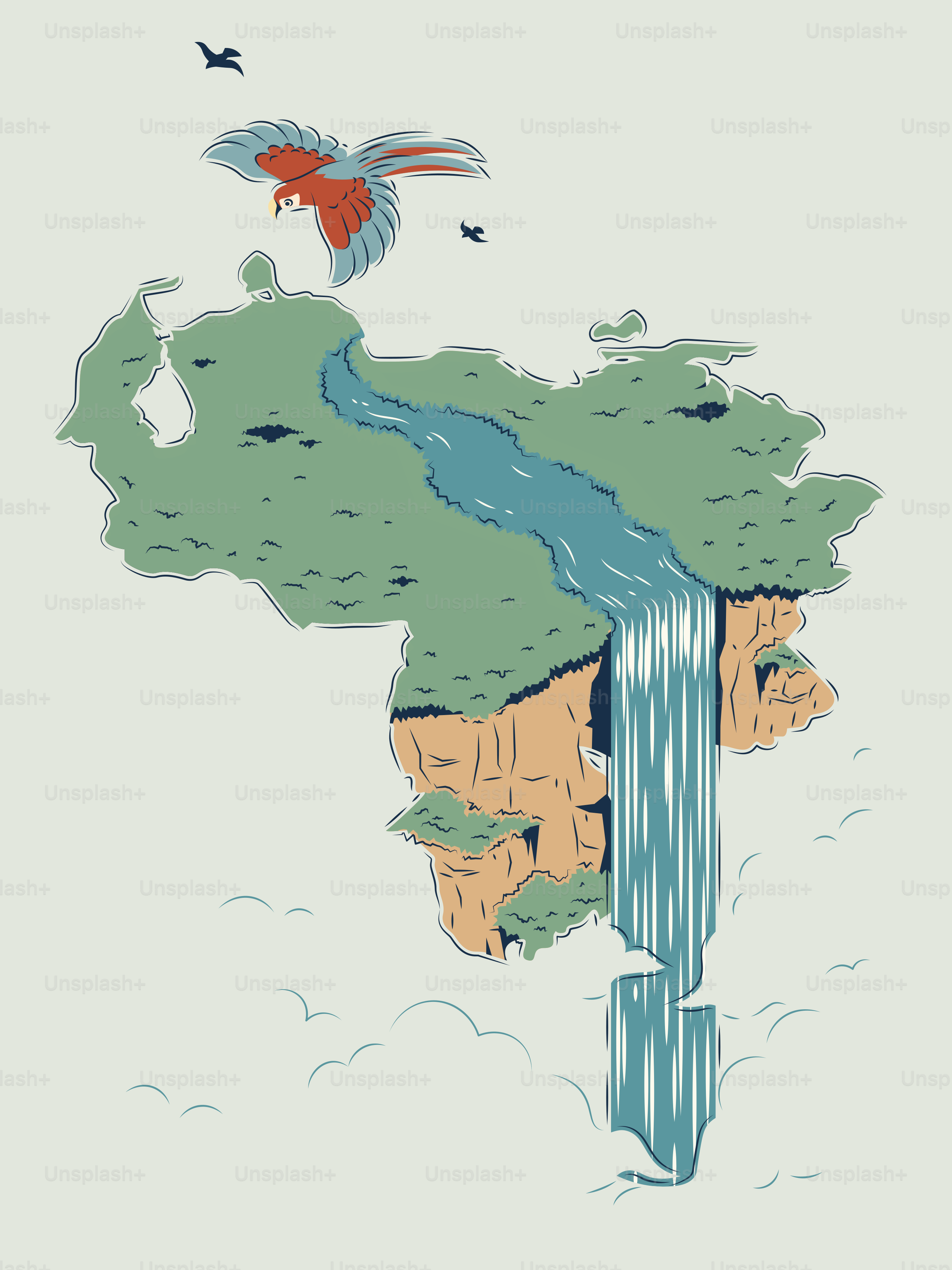 Karte von Venezuela mit Fluss, Wasserfall und Vögeln