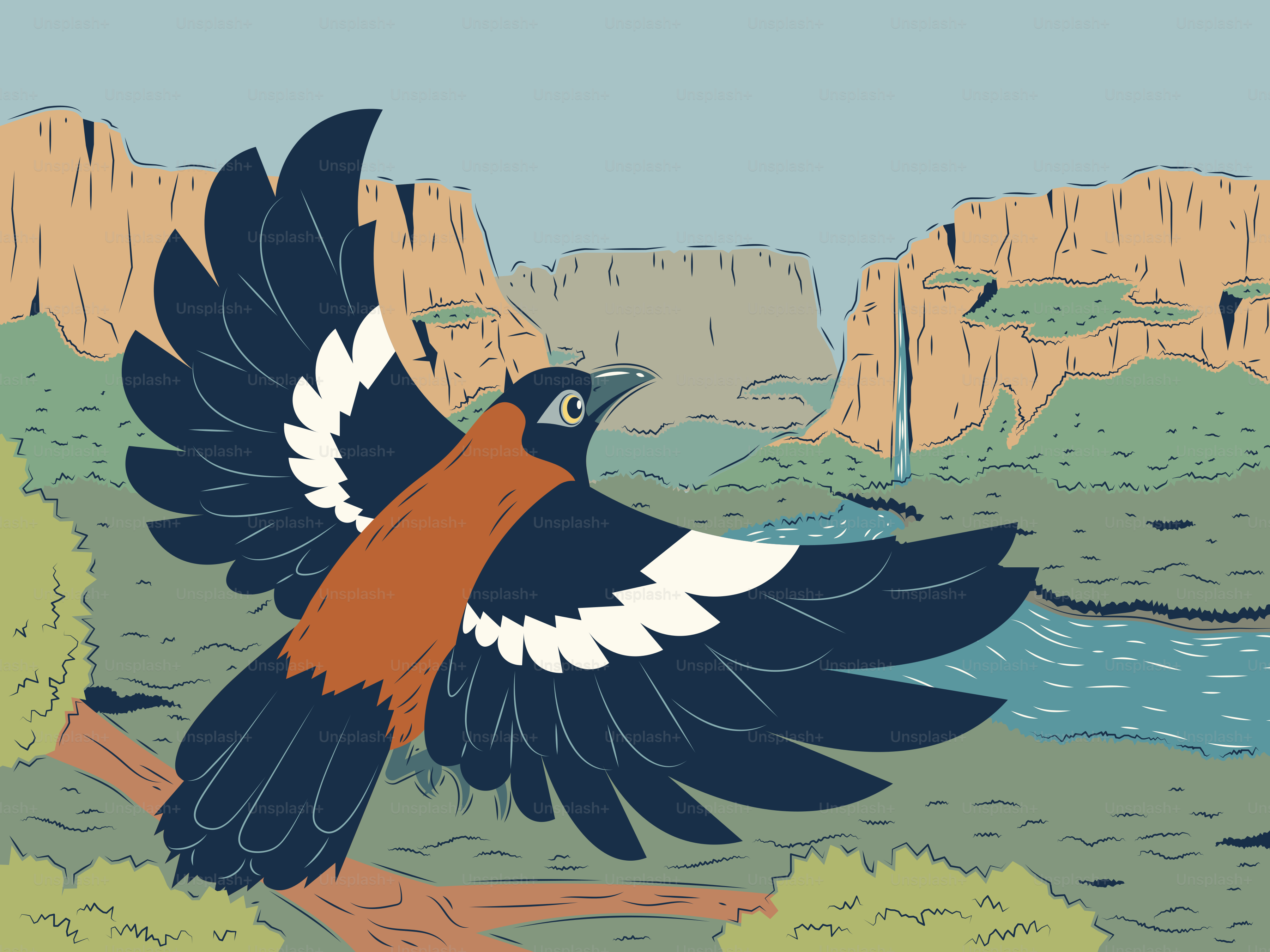 Bird with outstretched wings flying over a canyon