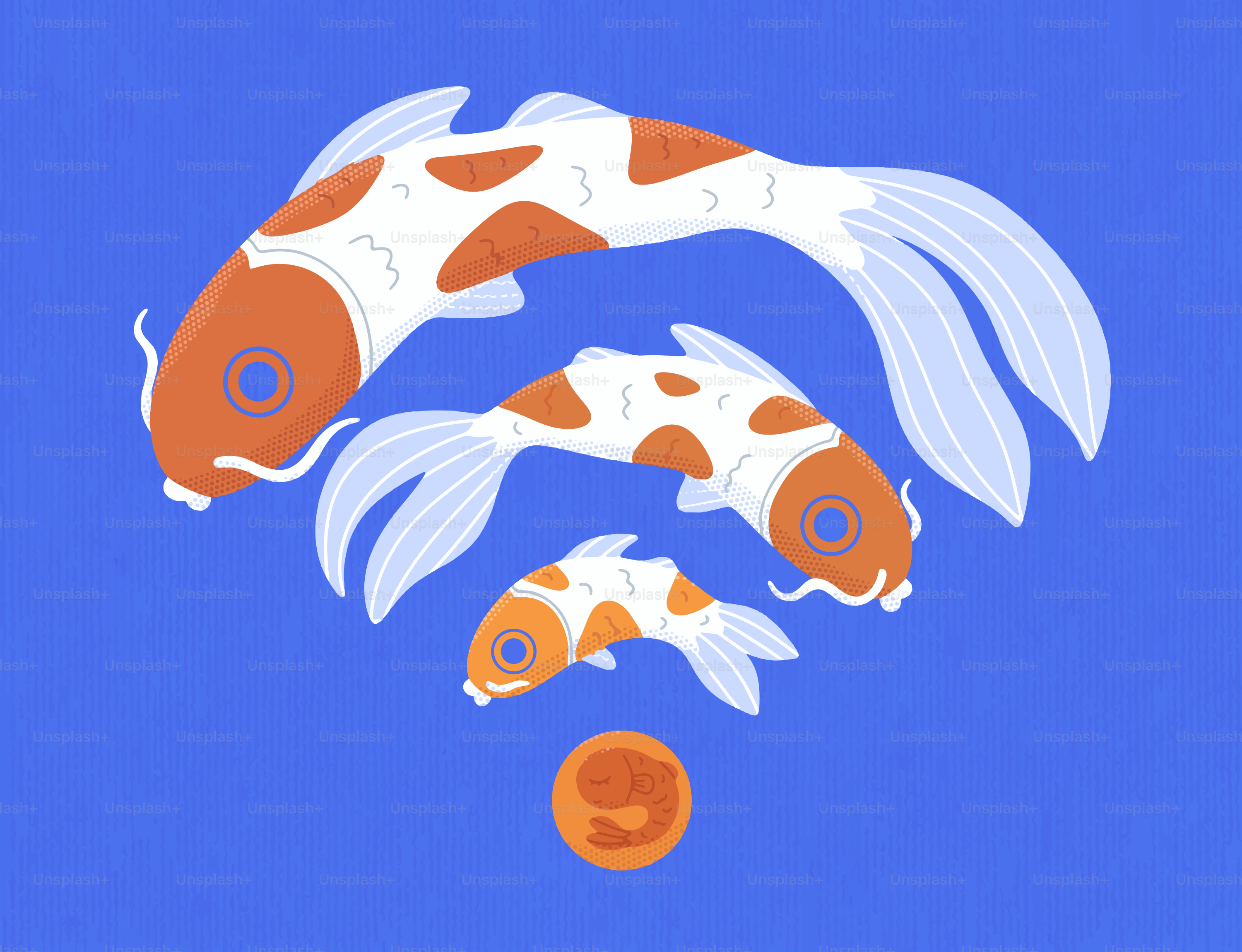 Três peixes koi formam um símbolo de wifi sobre fundo azul