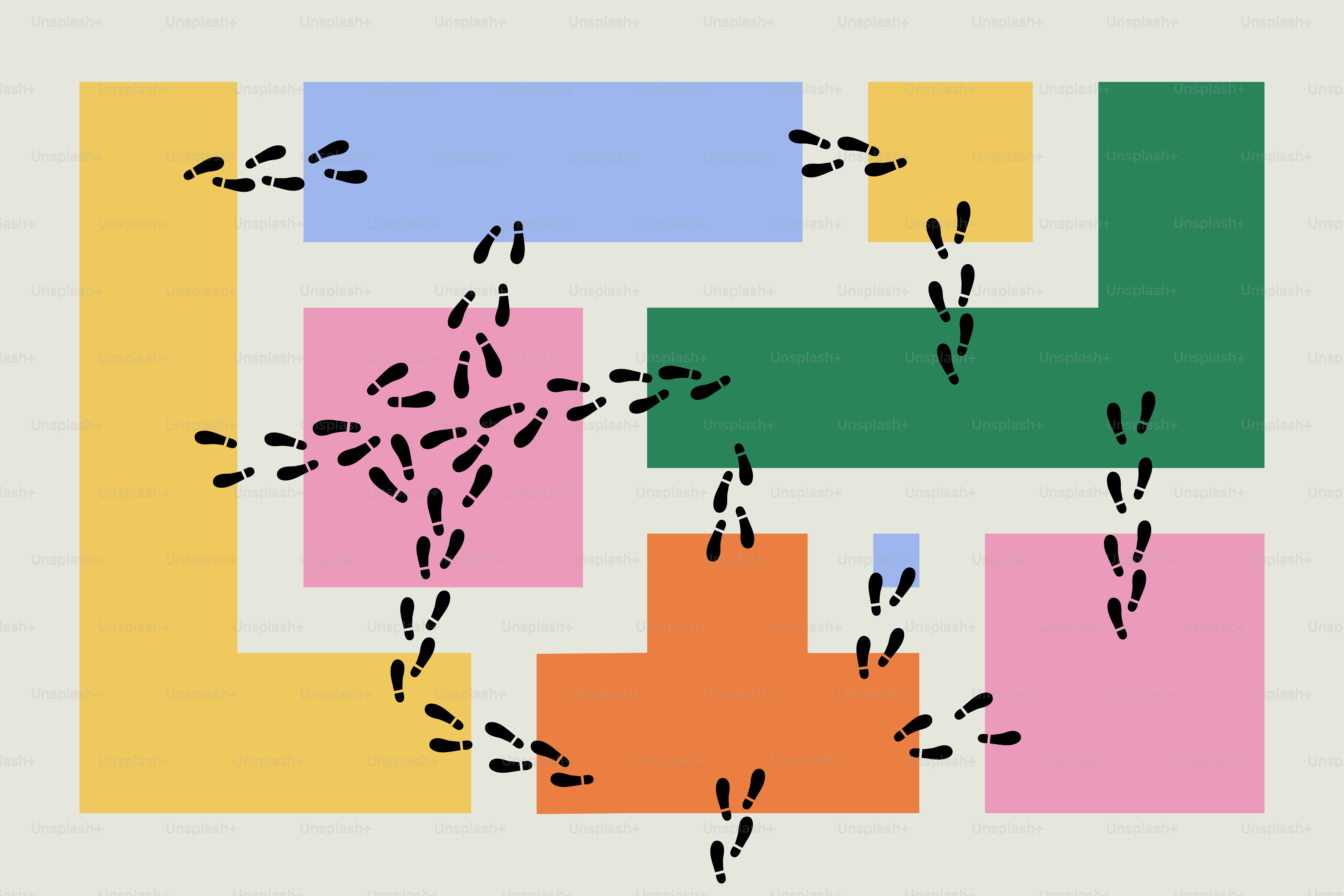 Footprints crossing colorful abstract shapes on a light background.