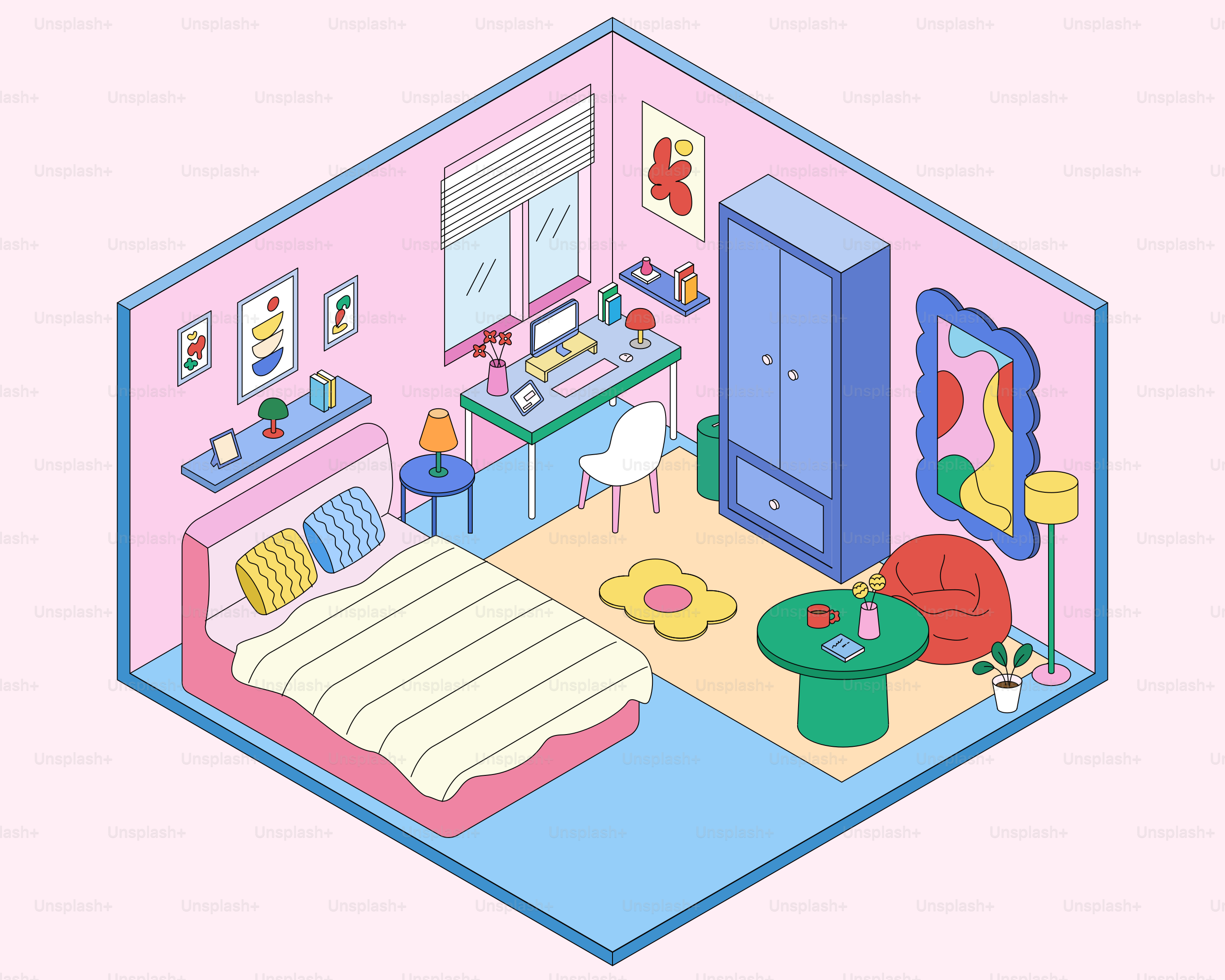 A colorful isometric bedroom with a bed and desk.
