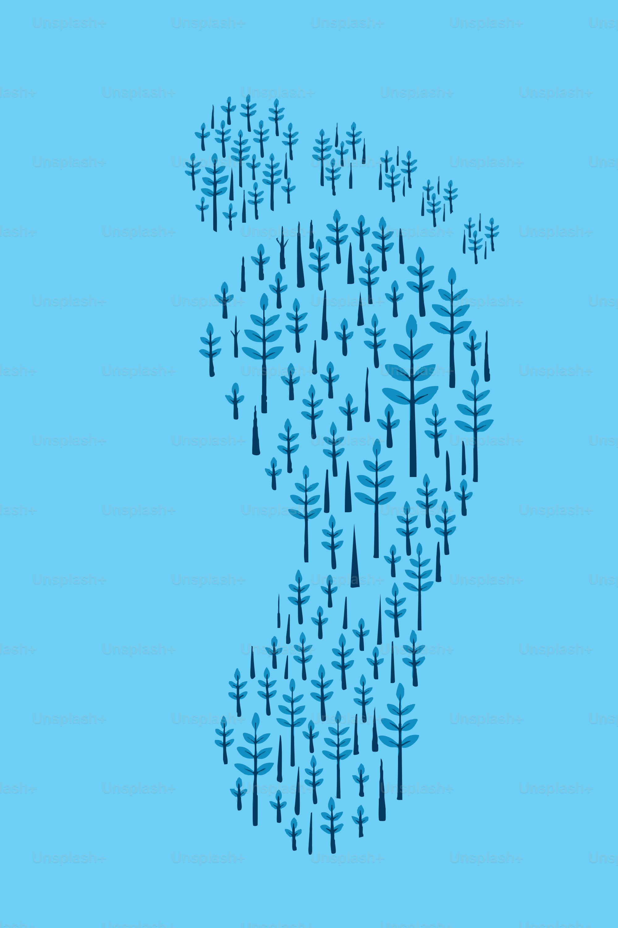 Forma de pegada feita de pequenas árvores sobre fundo azul