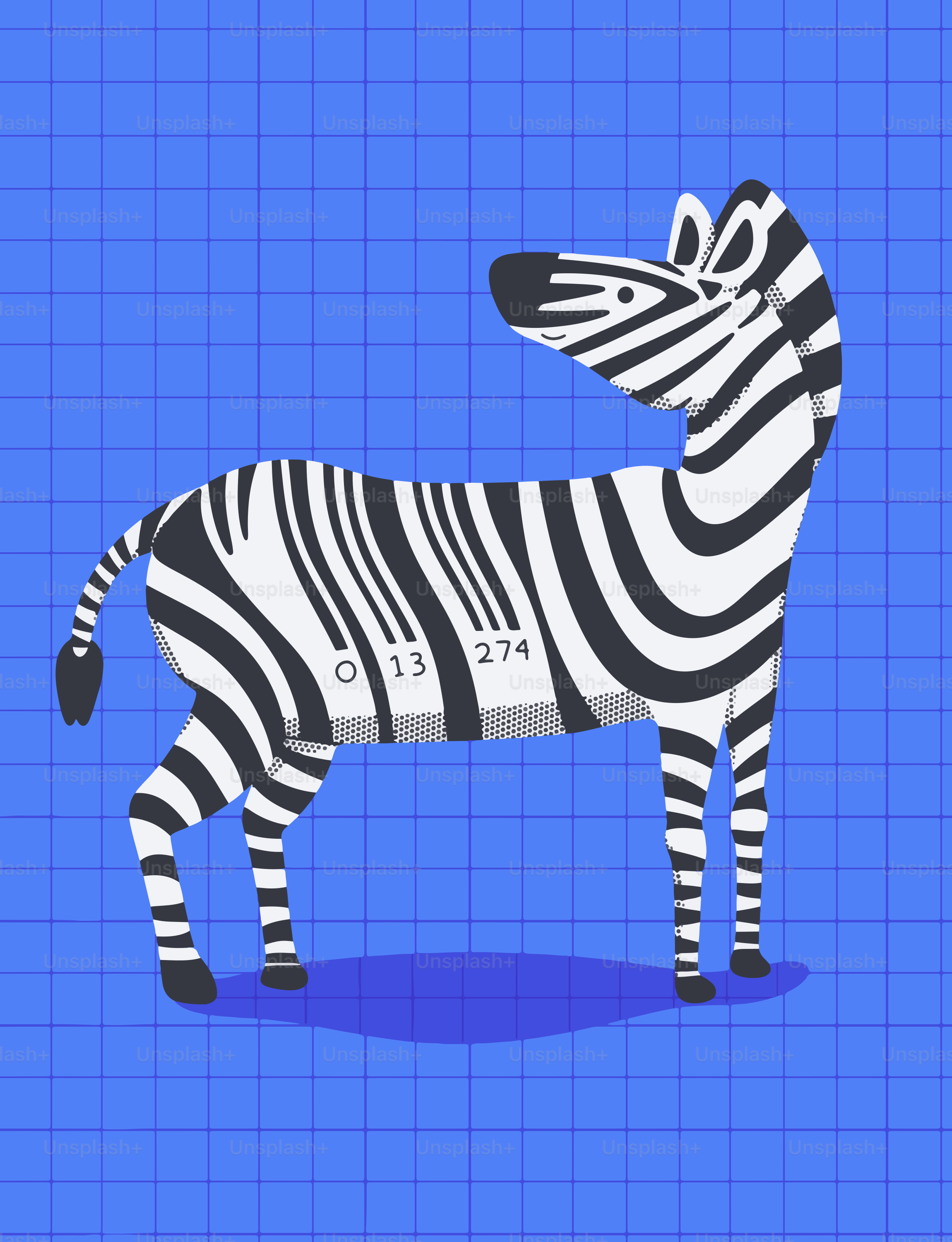 Zebra dengan pola barcode pada latar belakang kisi biru