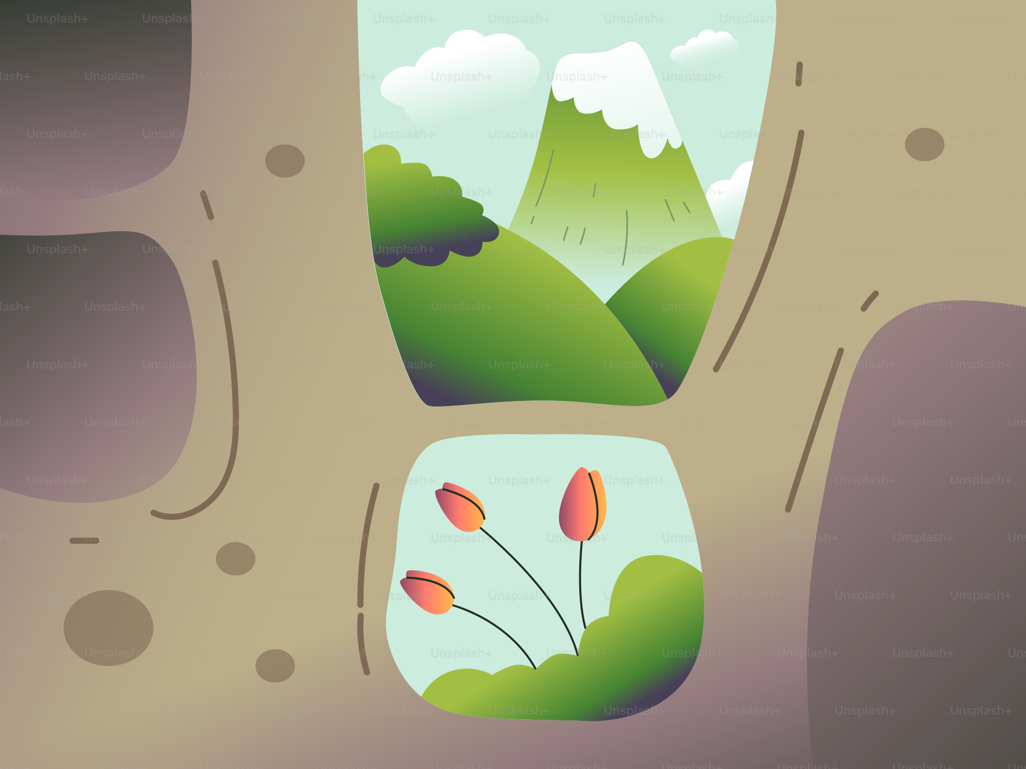 Collines verdoyantes et montagnes enneigées vues à travers des ouvertures.