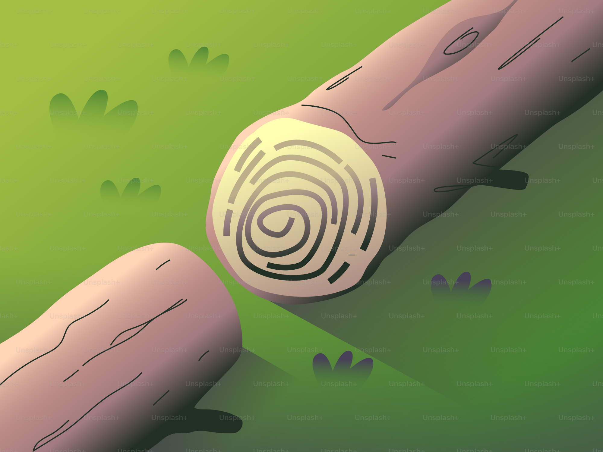 푸른 잔디 위에 지문 무늬가 있는 두 통나무