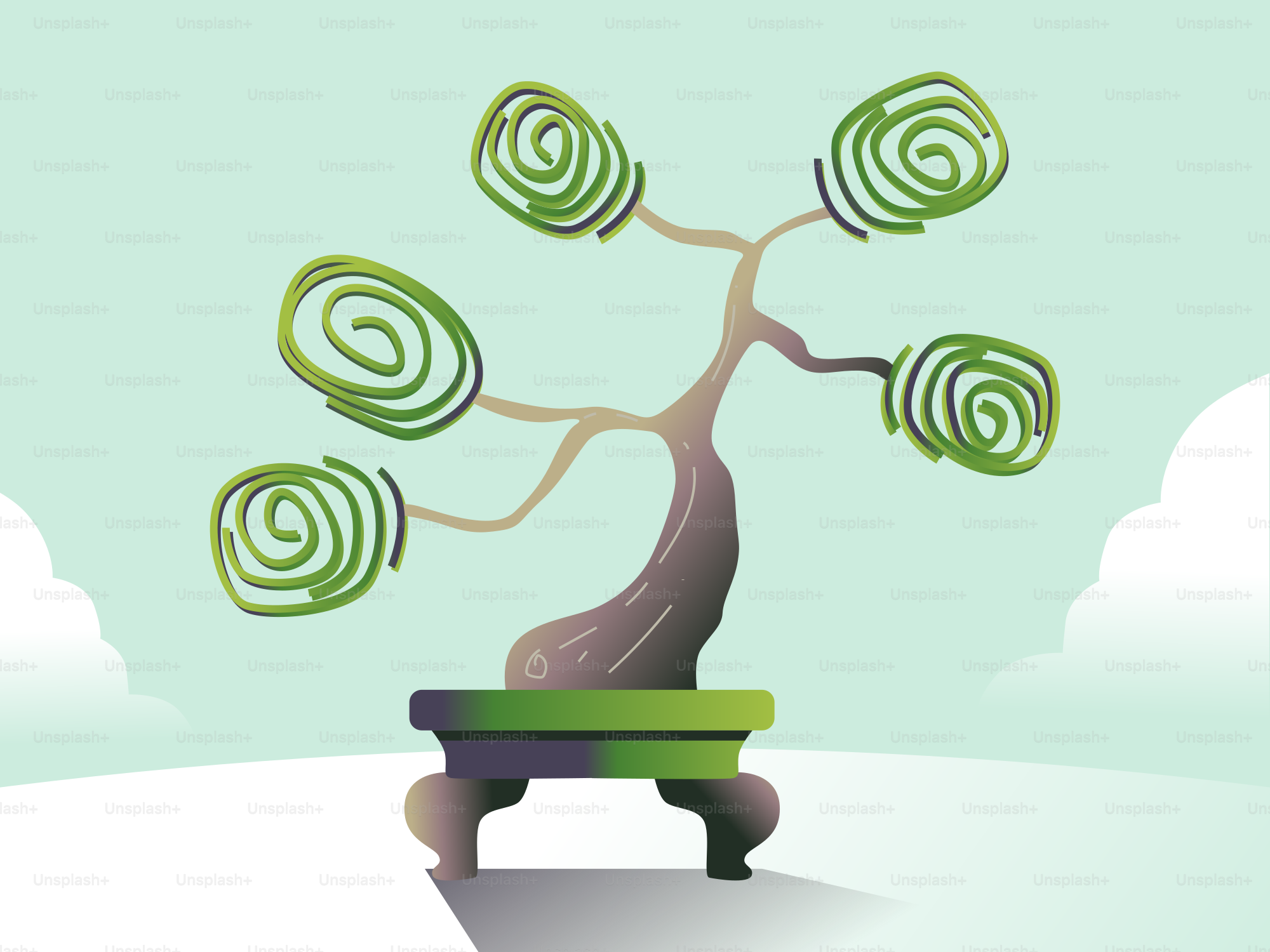 渦巻く緑の葉を持つ様式化された盆栽