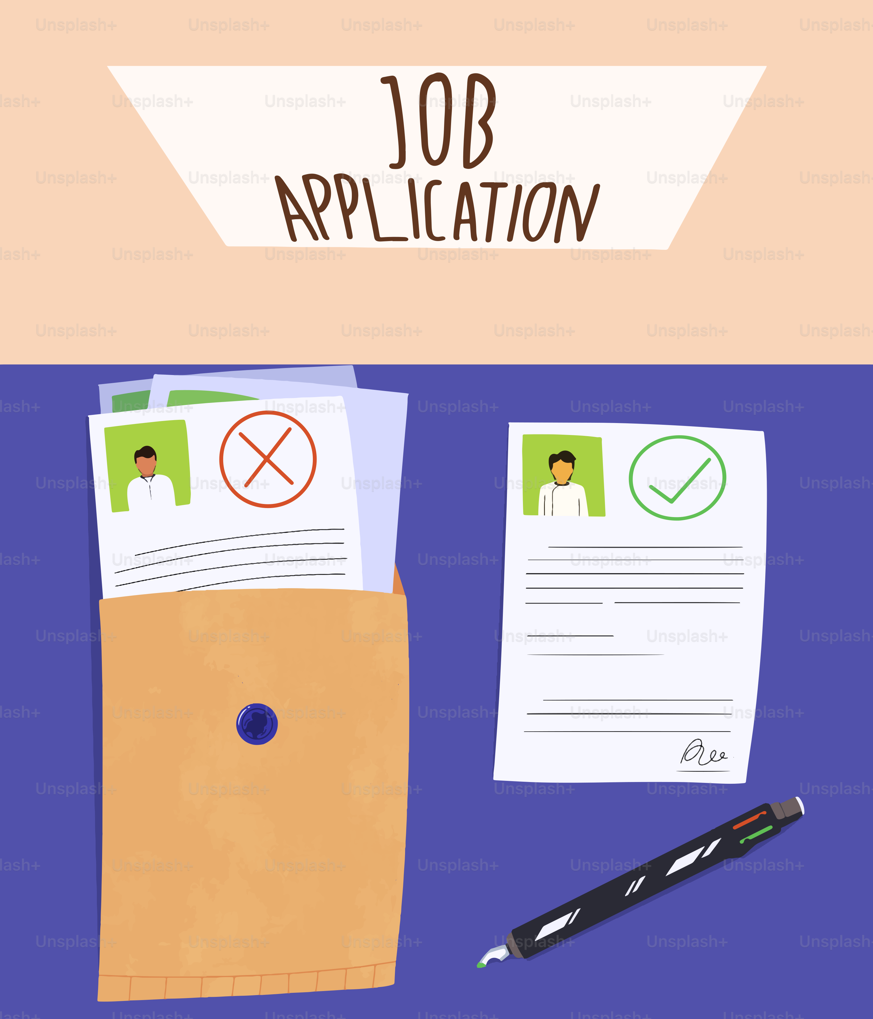 Job application papers with checkmarks and cross